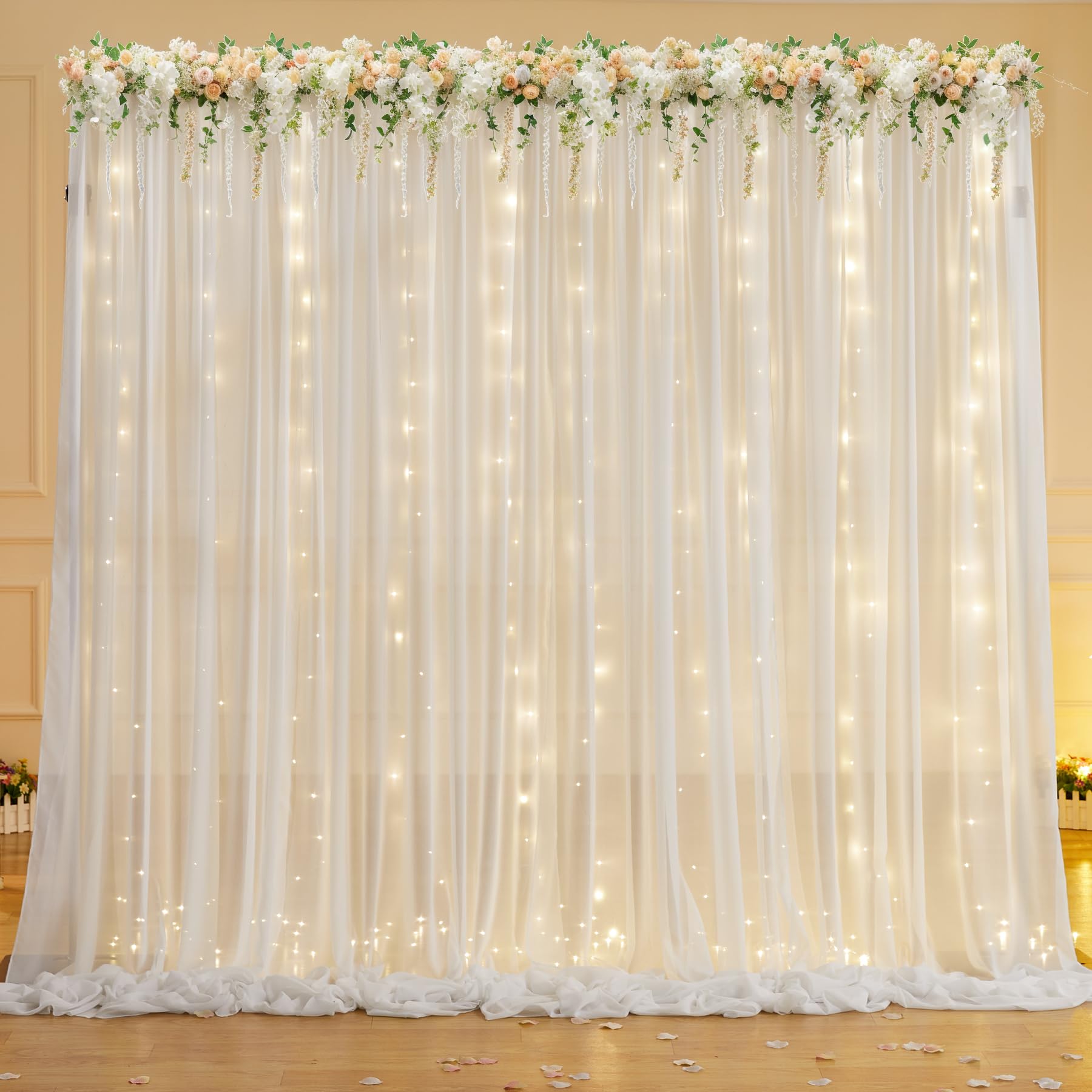 10Ft X 7Ft Cream White Chiffon Backdrop Curtain With Lights String For Parites Wedding Wrinkle Free Curtain Photo Backdrops Drap