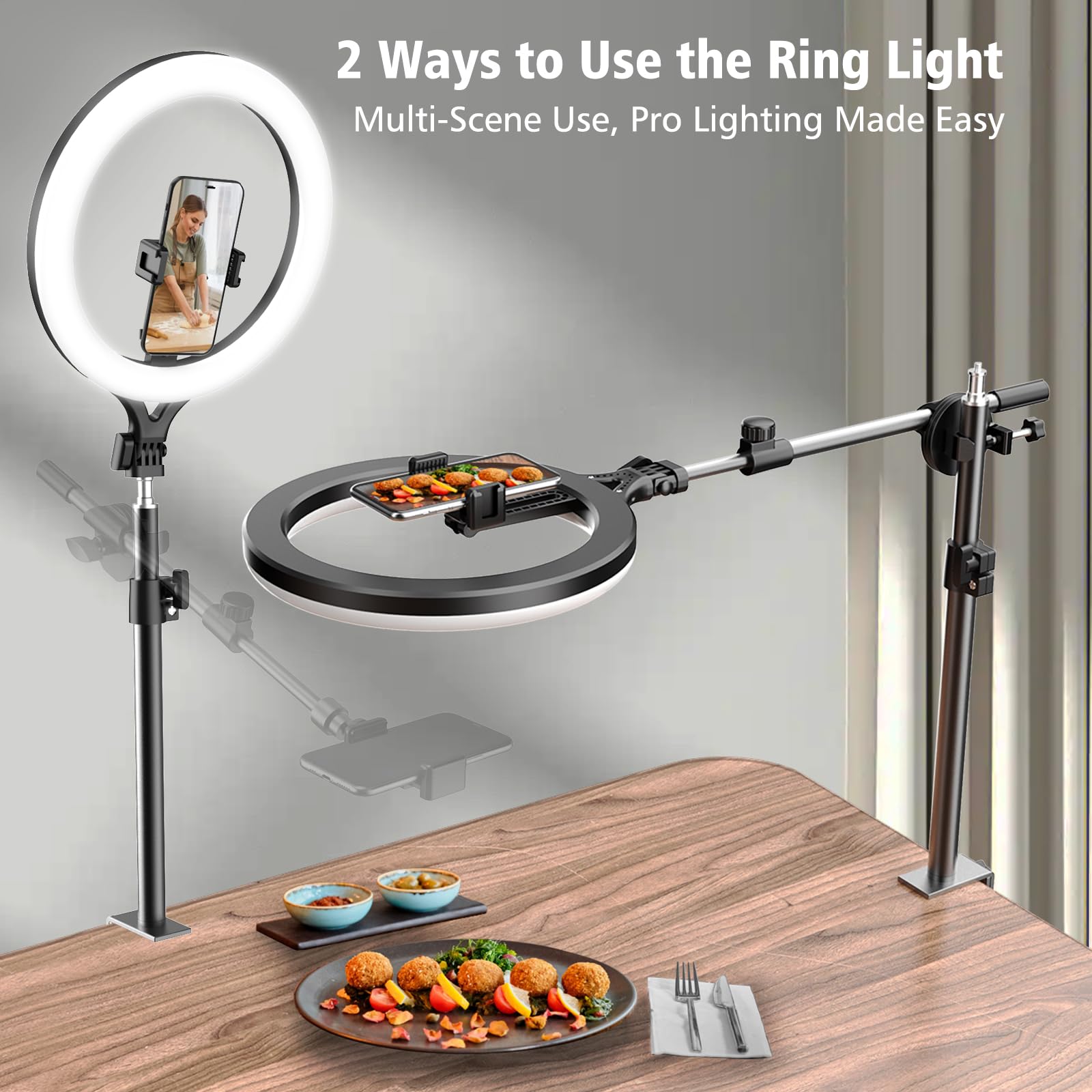 Ring Light With Stand And Phone Holder, Overhead Phone Mount, Phone Stand For Recording, 11    Circle Led Ring Light For Desk Wi