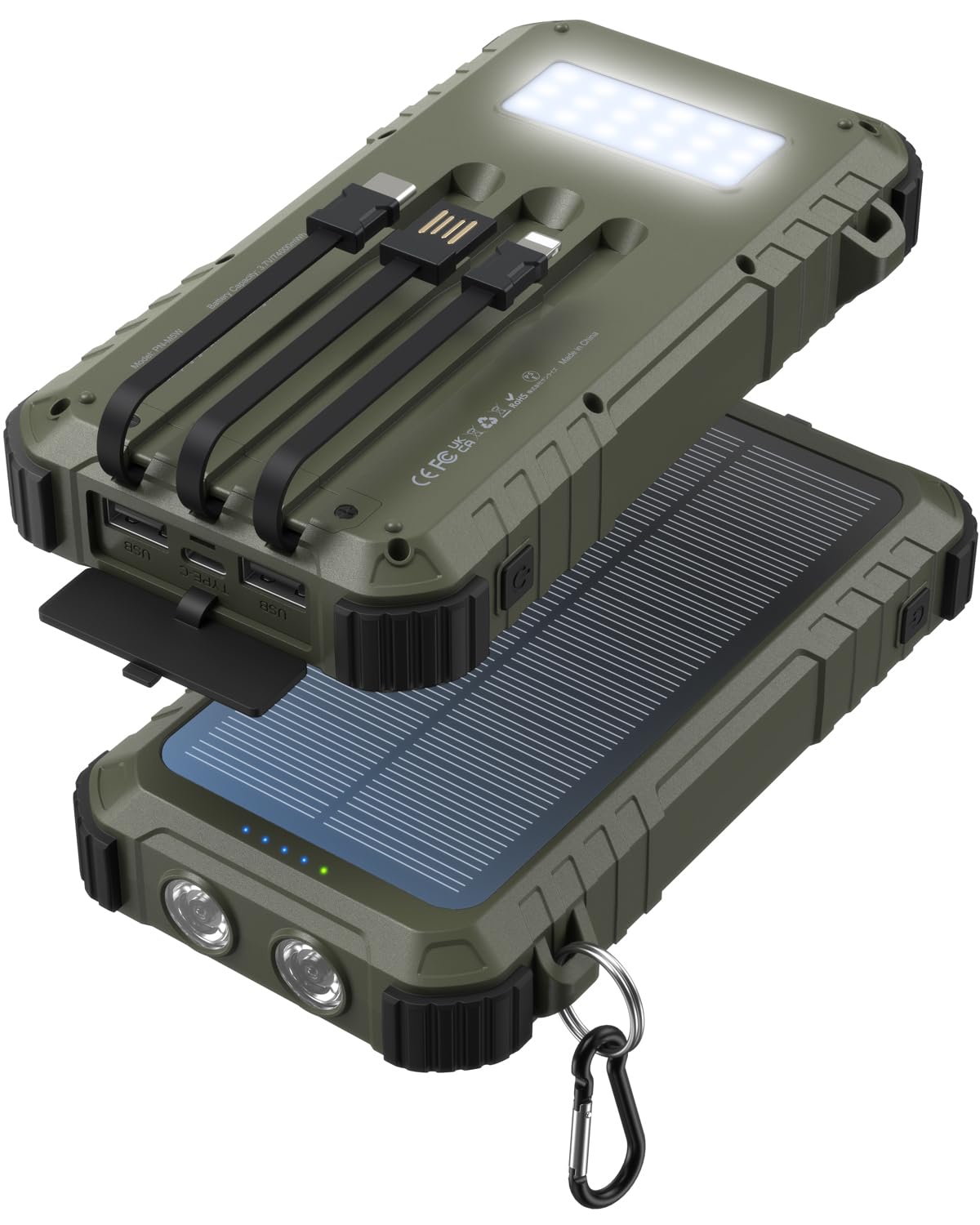 Uukto Power-Bank-Solar-Charger 45800mAh Fast Charging with 3 Built-in Cables LED Flashlight Portable External Battery Pack Compa