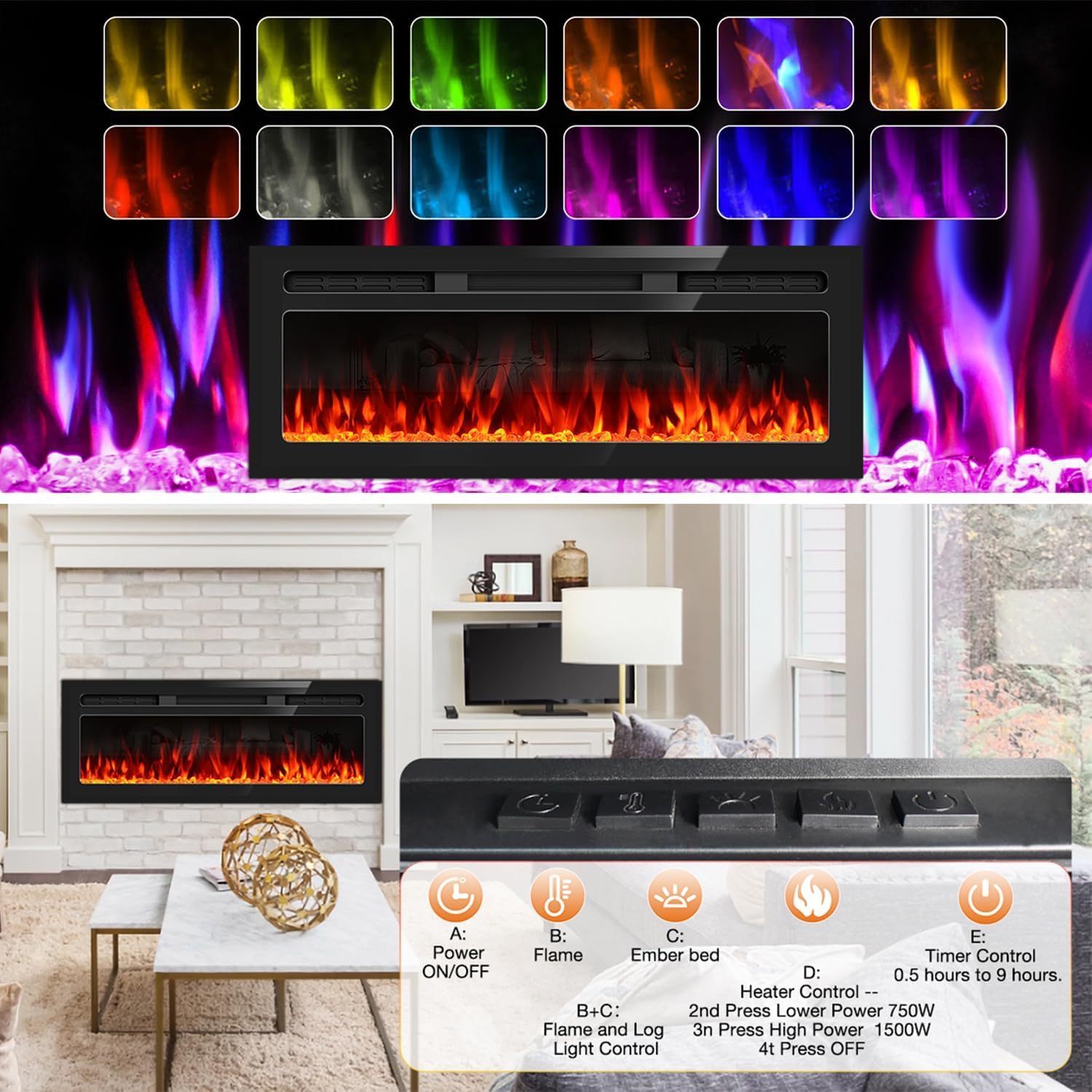 50'' Electric Fireplace Upgrade Fireplace Heater Recessed & Wall Mounted, 750/1500W Linear Fireplace Led Electric Fireplace Inse