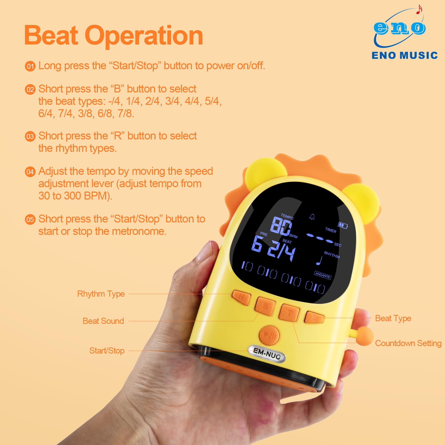 Eno Music Easy Control Cute Cartoon Electric Metronome For Acoustic Guitar Violin Ukulele Players With Big Sound