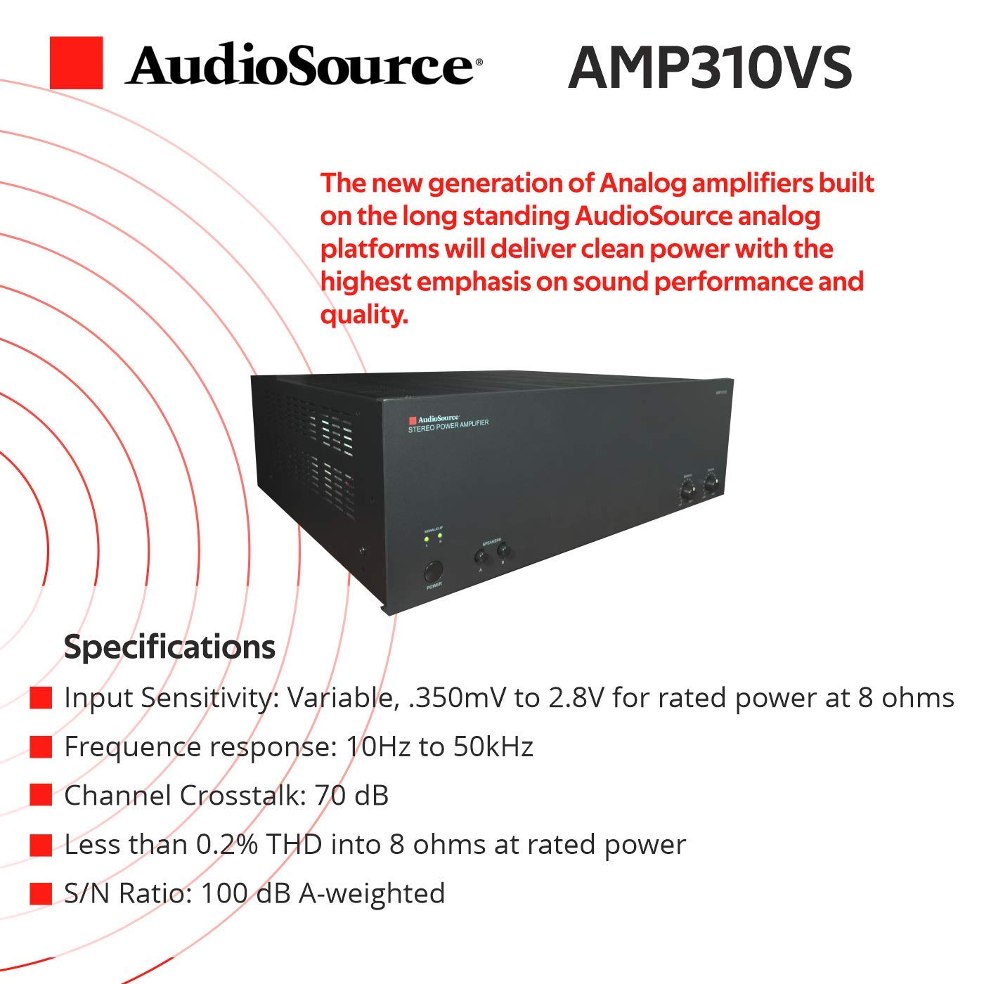 Audiosource Analog Amplifier, Stereo Power A Amplifier Amp210Vs For Home Sound Systems, Black