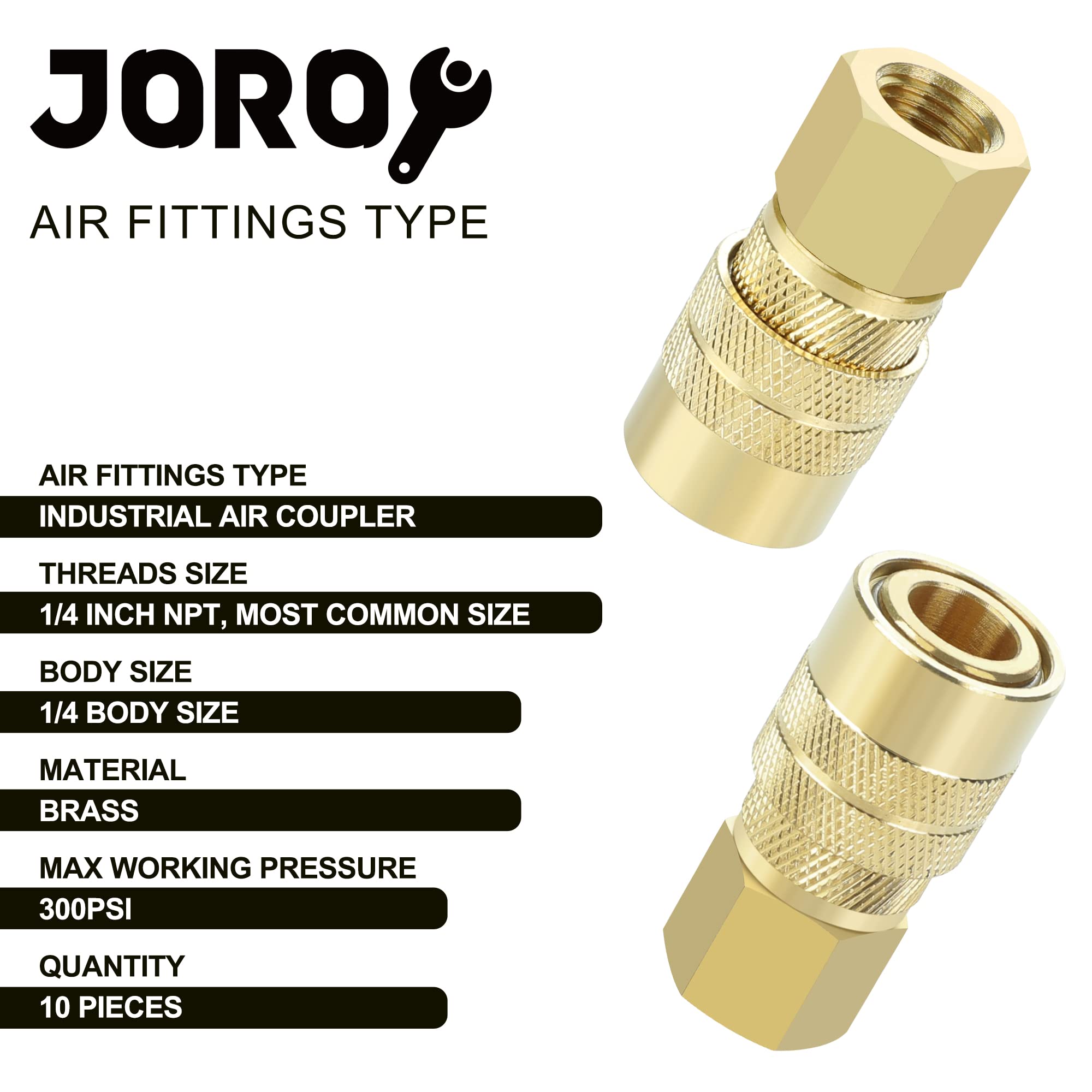 Joroy Brass Air Hose Fittings, Industrial M Type Plug, 1/4 Inch Body Size, 1/4 Inch Npt Female Threads, 10 Pieces Air Compressor