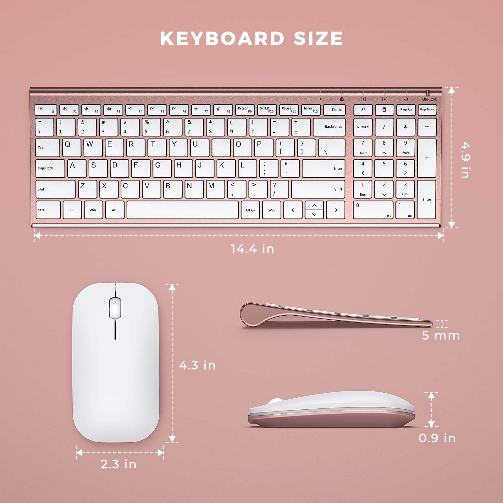 Rose Gold Wireless Keyboard Mouse, Seenda Slim Low Profile Keyboard And Mouse Set With Silent Keys Portable Size For Windows 7/8/10/11 Pc Laptop Computer