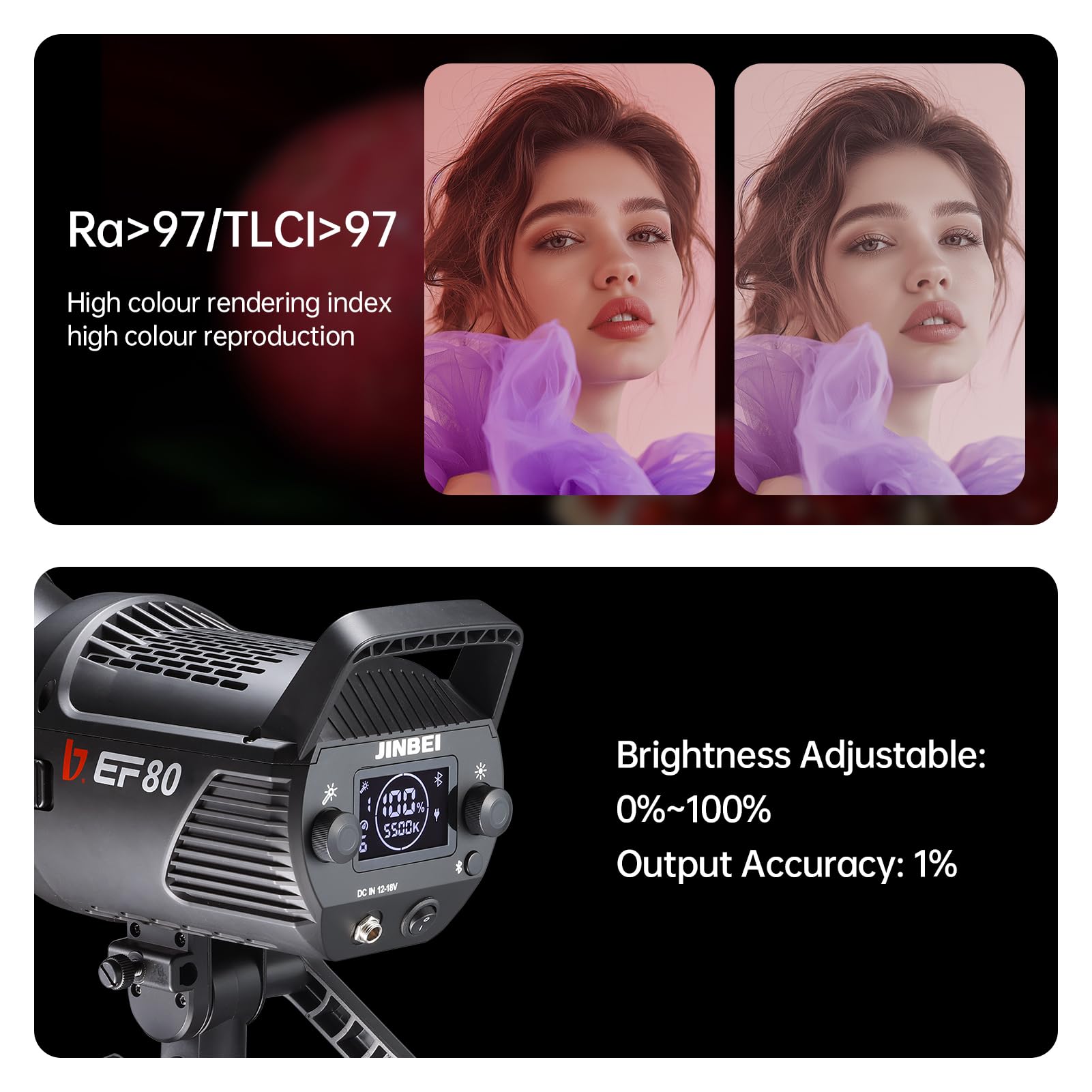 Jinbei Ef 80 80W Cob Led Video Light With App Control, 5500K Daylight Bowens Mount Cri97+ Tlci98+ 9 Lighting Effects Continuous