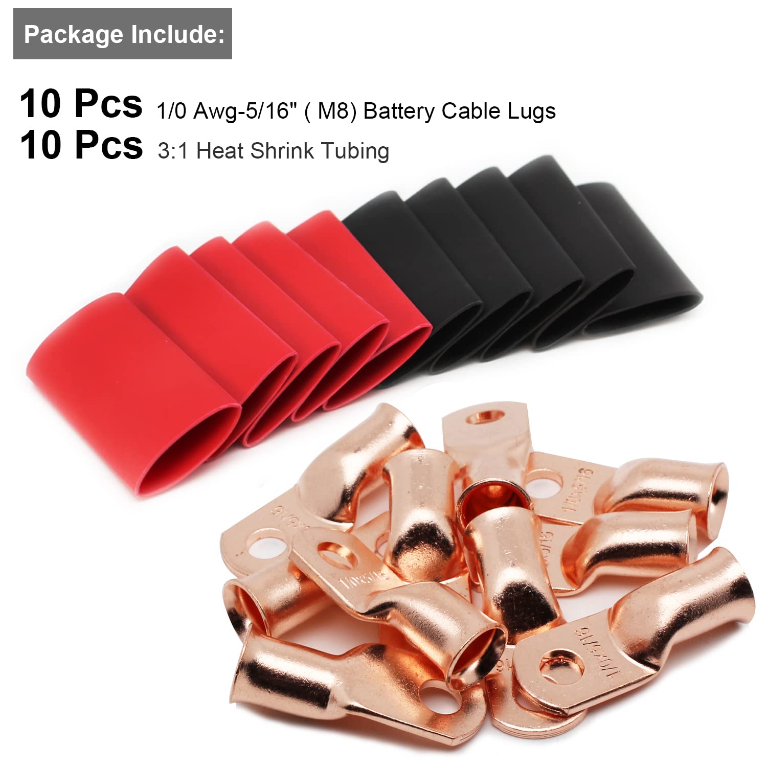 Tkdmr 10Pcs 1/0 Awg 5/16'' Battery Lugs,Copper Wire Lugs,Heavy Duty Battery Cable Ends,Tubular Ring Terminals,Awg Crimp Wire Rin