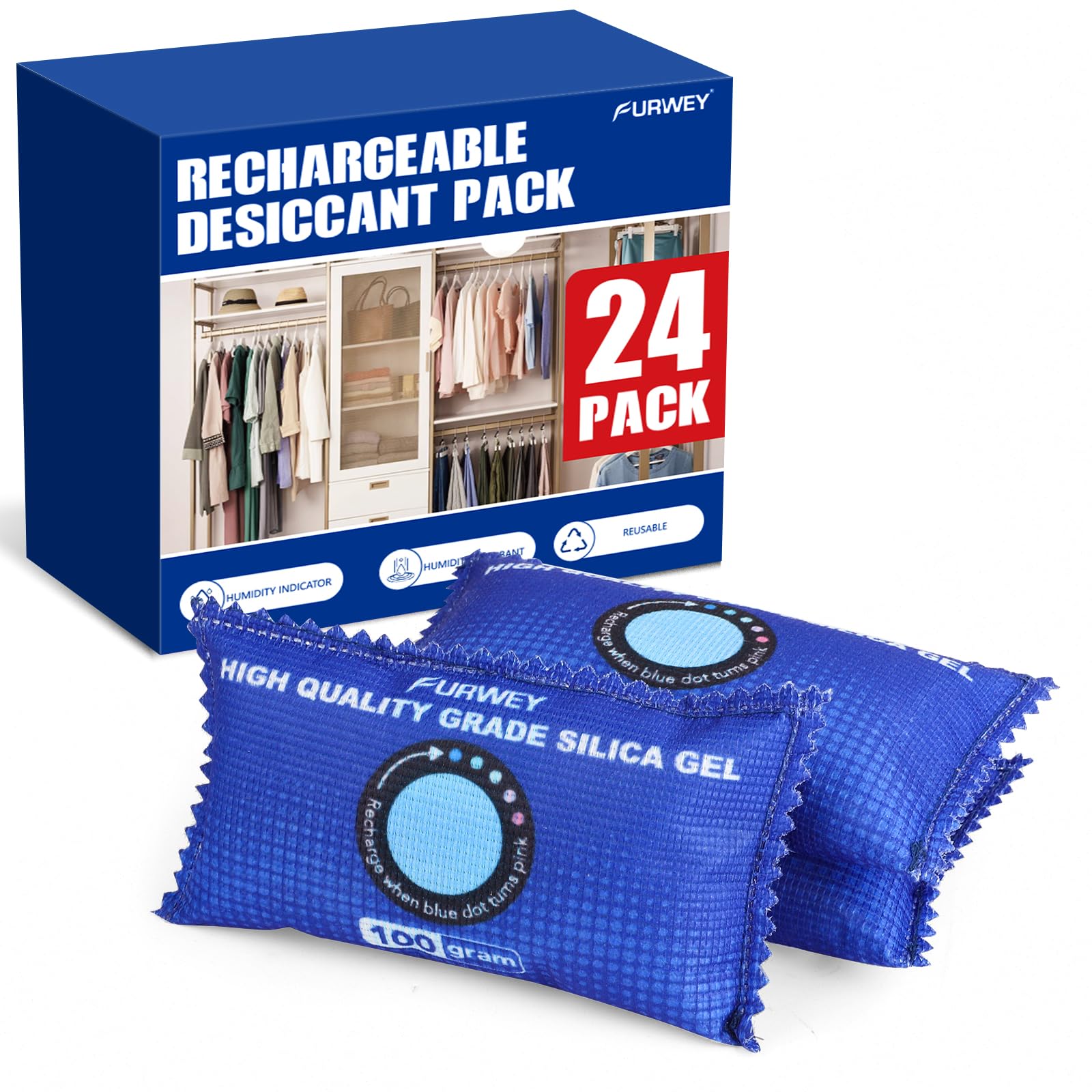 FURWEY 100g [ 24 Packs] Rechargeable Desiccant Packs for Storage, Color Indicating Silica Gel Desiccant Packets, Moisture absorb