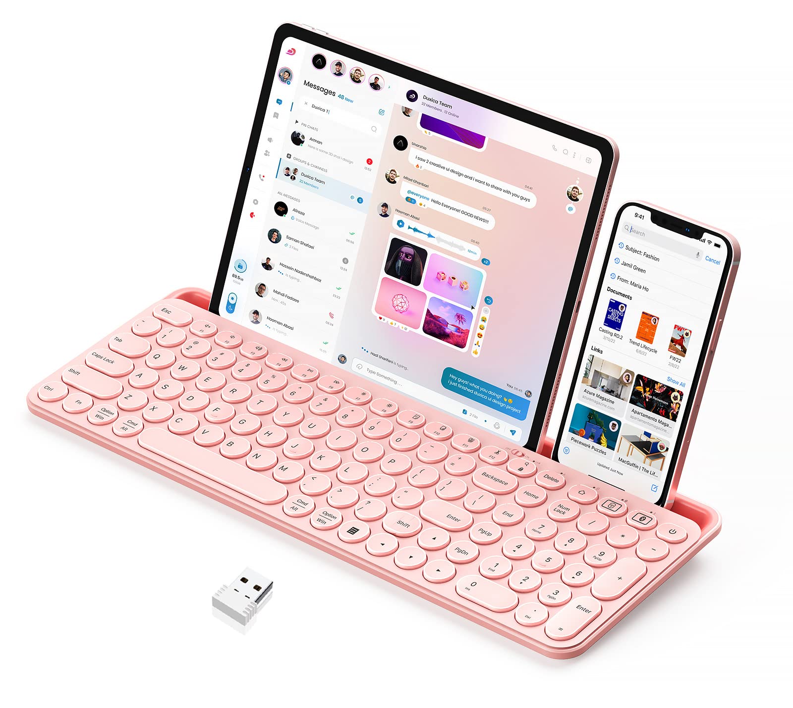Seenda Cute Wireless Bluetooth Keyboard, Bluetooth + 2.4G Round Key Typewriter Keyboard With Number Pad, Phone Tablet Holder For Ipad, Andriod Phone, Macbook/Windows Computer Desktop, Sakura Pink