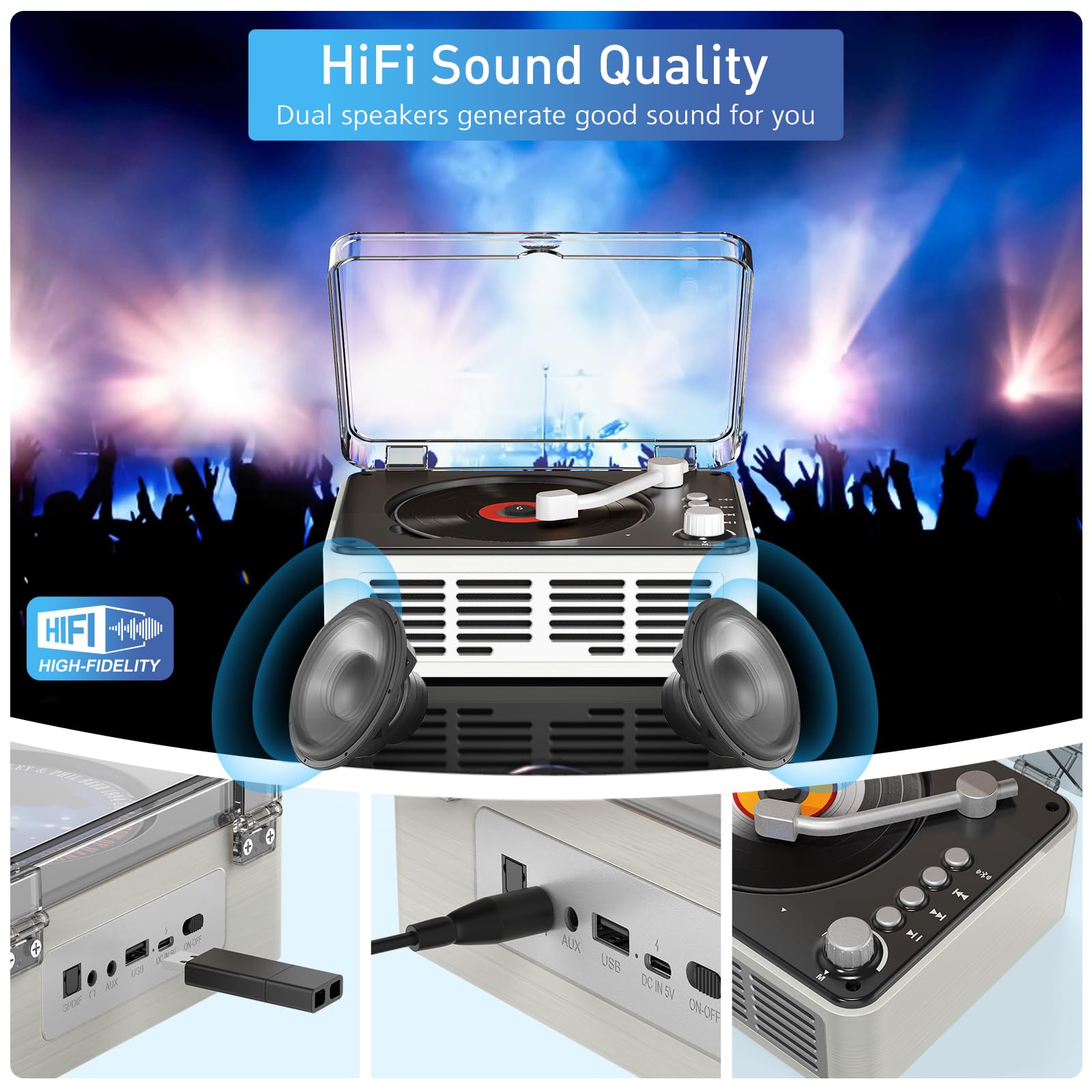 WSJSYH Portable CD Player with Bluetooth, Double HiFi Speakers, FM Radio, AUX/USB, Sleep Mode - White Boombox for Home & Office