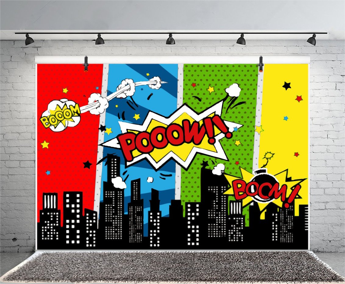 Yeele 8X6Ft Cartoon Comic City Super Hero Photography Backdrop Vinyl Humor Abstract Superhero Baby Shower Photo Background For G