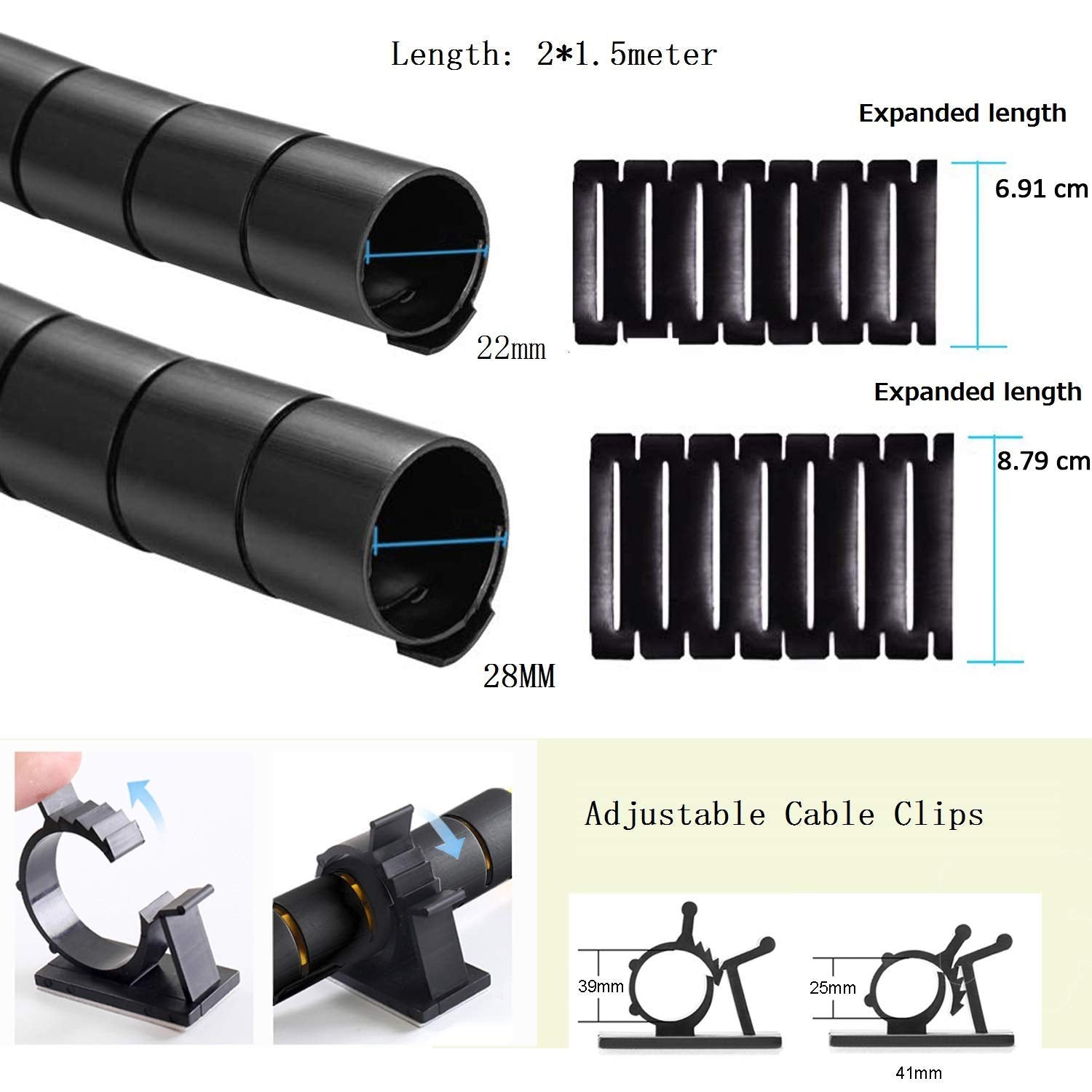 Viwieu Black Computer Cable Management Sleeves Value Pack, Large 1.1'' Pet Proof Cable Cover For Wires And 0.87'' Cord Organizer