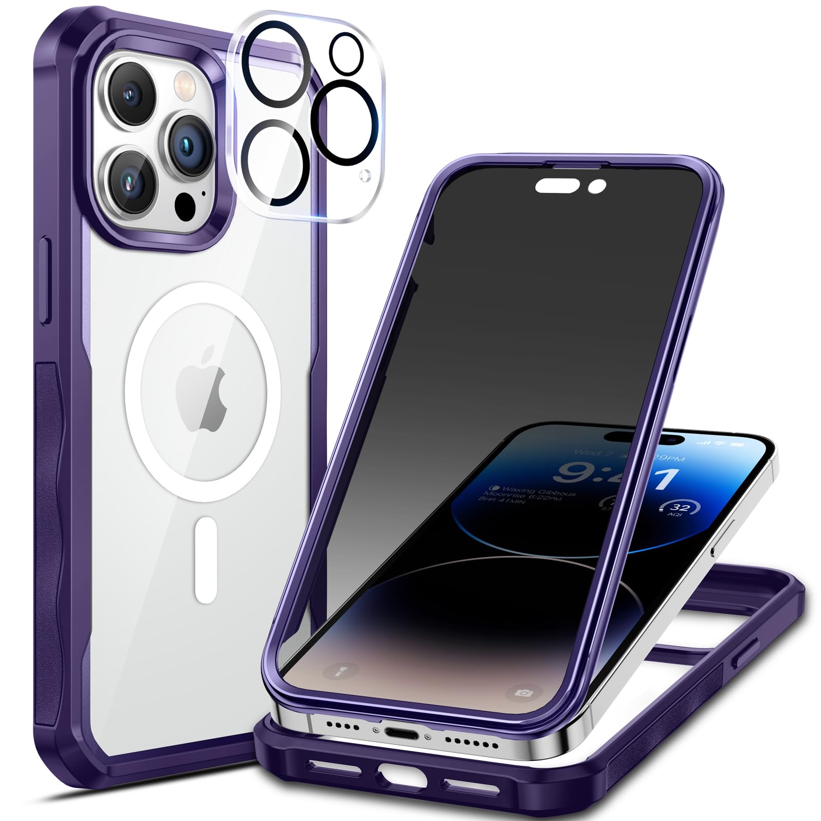 seacosmo for iPhone 14 Pro Case, Full Body Bumper with Built-in 9H Tempered Glass Privacy Screen Protector and Camera Lens Prote