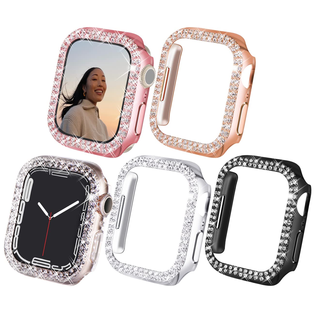 Newways Bling Cases Compatible For Apple Watch 42Mm, Protective Bumper For Iwatch Se Series 6 5 4 3 2 1 (42Mm, Black/Pink/Rose G