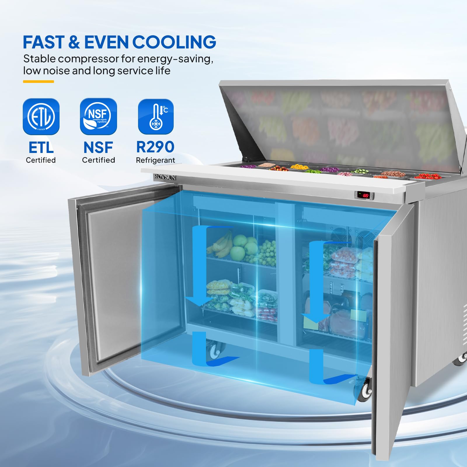 Rovsun 48  W Salad Sandwich Prep Table Refrigerator Etl Nsf, 13.1 Cu.Ft Commercial Refrigerator Salad Bar Stainless Steel W/18 P