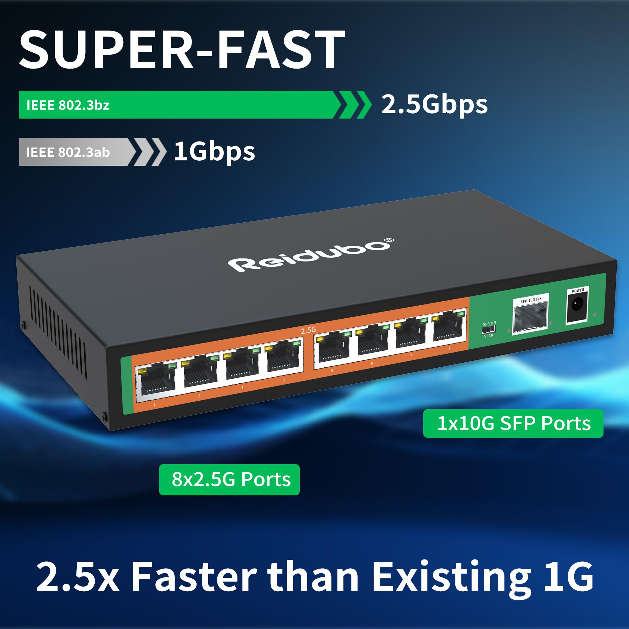 Reidubo 9 Port 2.5Gb Switch, 8X2.5G Ports With 10G Sfp Uplink, Unmanaged 2.5Gb Ethernet Network Switch, Plug & Play, Desktop/Wal