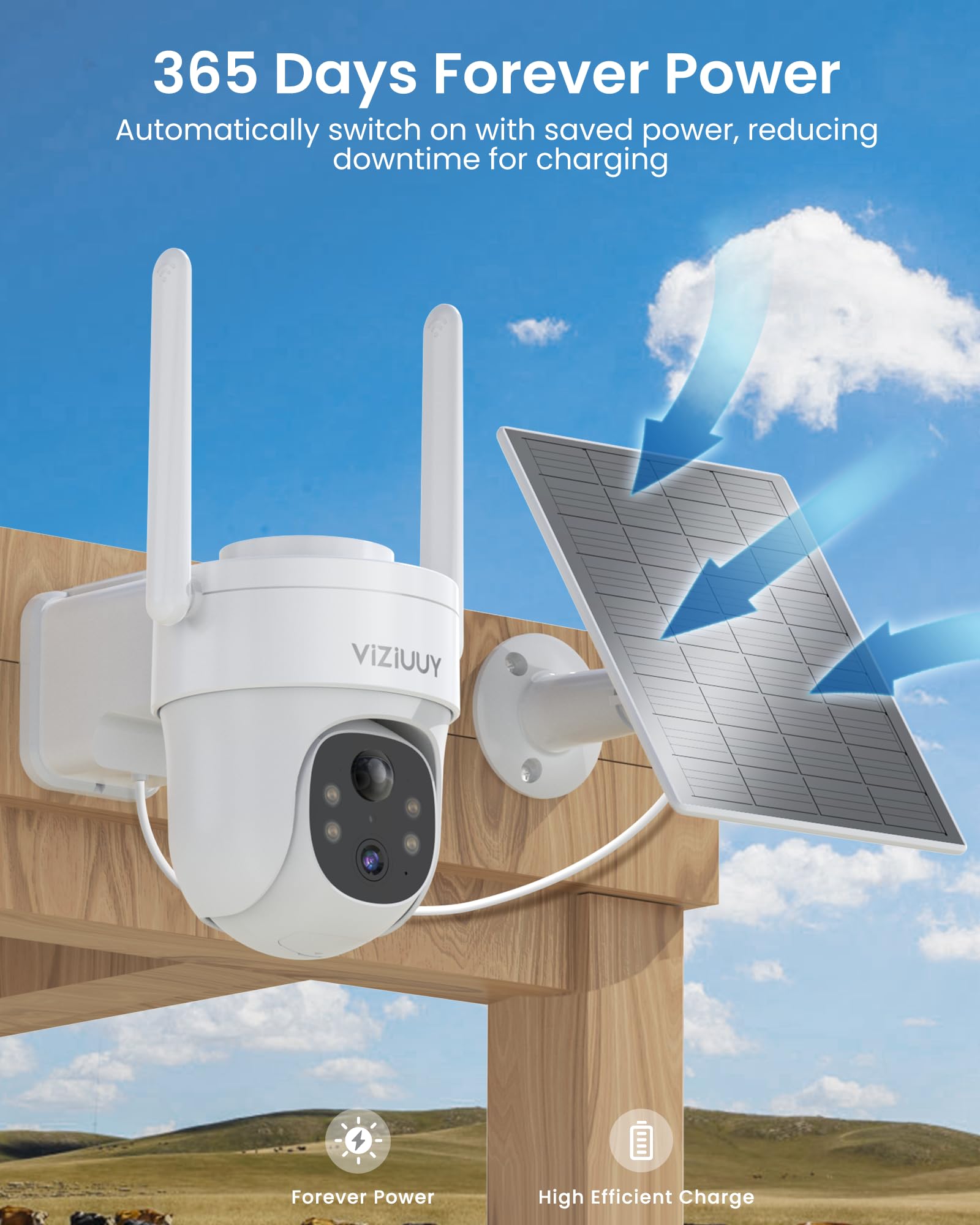 Viziuuy Solar Security Cameras Wireless Outdoor, 3Mp Pan Tilt 360Wifi Camera With Color Night Vision/Pir Sensor/2 Way Audio/Alex