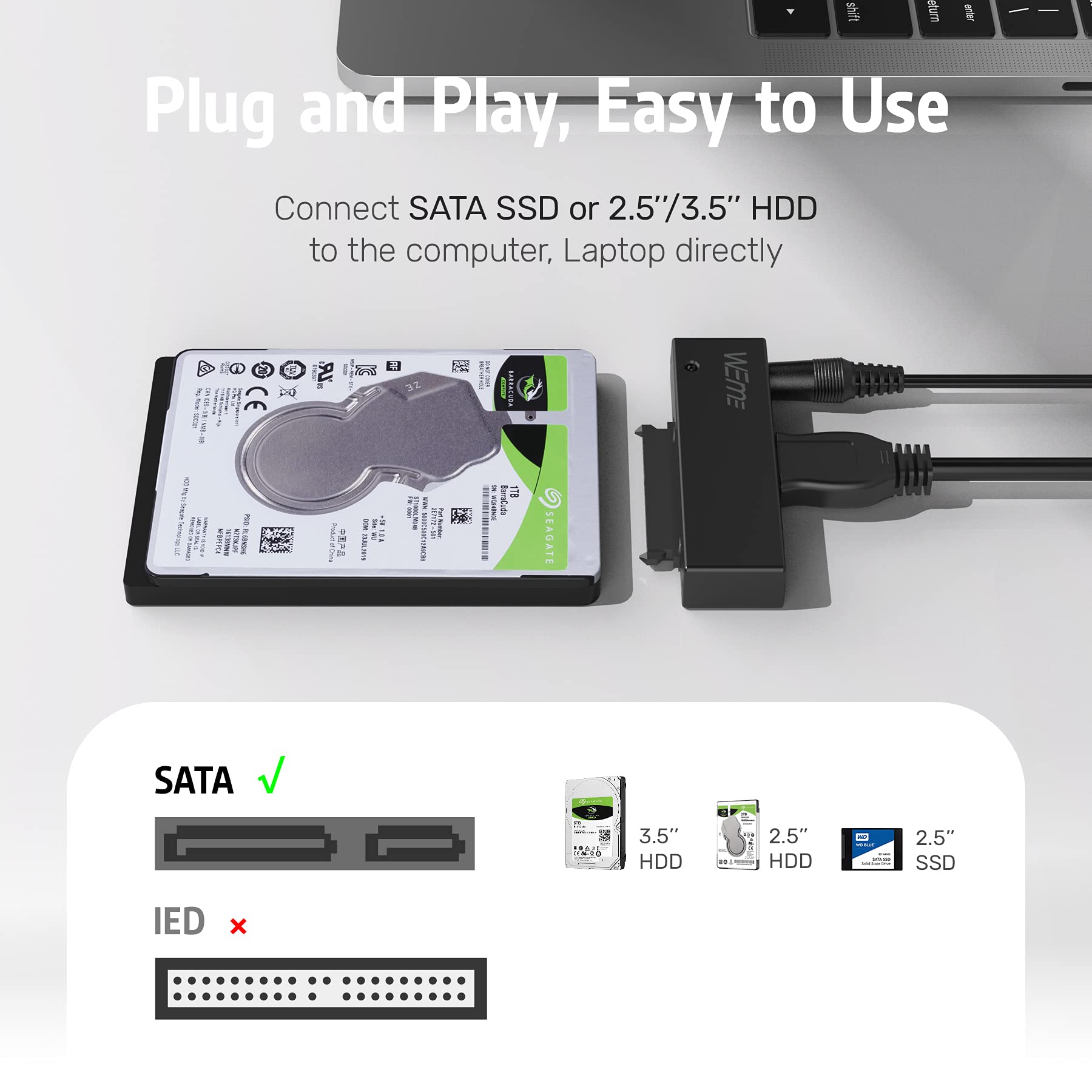 Weme Usb 3.0 To Sata Converter Adapter For 2.5 3.5 Inch Hard Drive Disk Ssd Hdd, Power Adapter And Usb 3.0 Cable Included