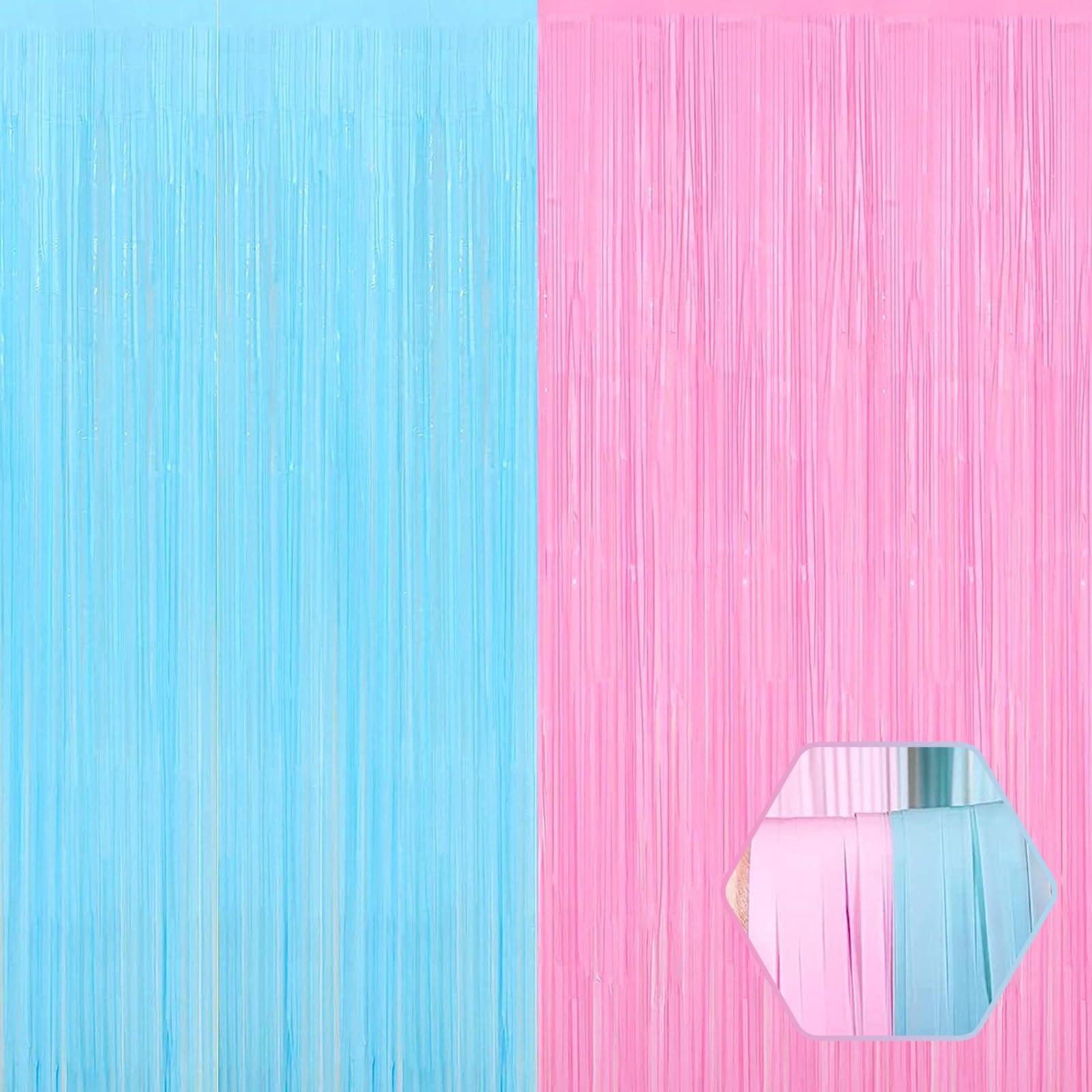6 Pack Macaron Pink Blue Foil Fringe Curtain Backdrop, 3.28Ft x 9.8Ft Metallic Tinsel Foil Fringe Streamer Curtains for Photo Bo