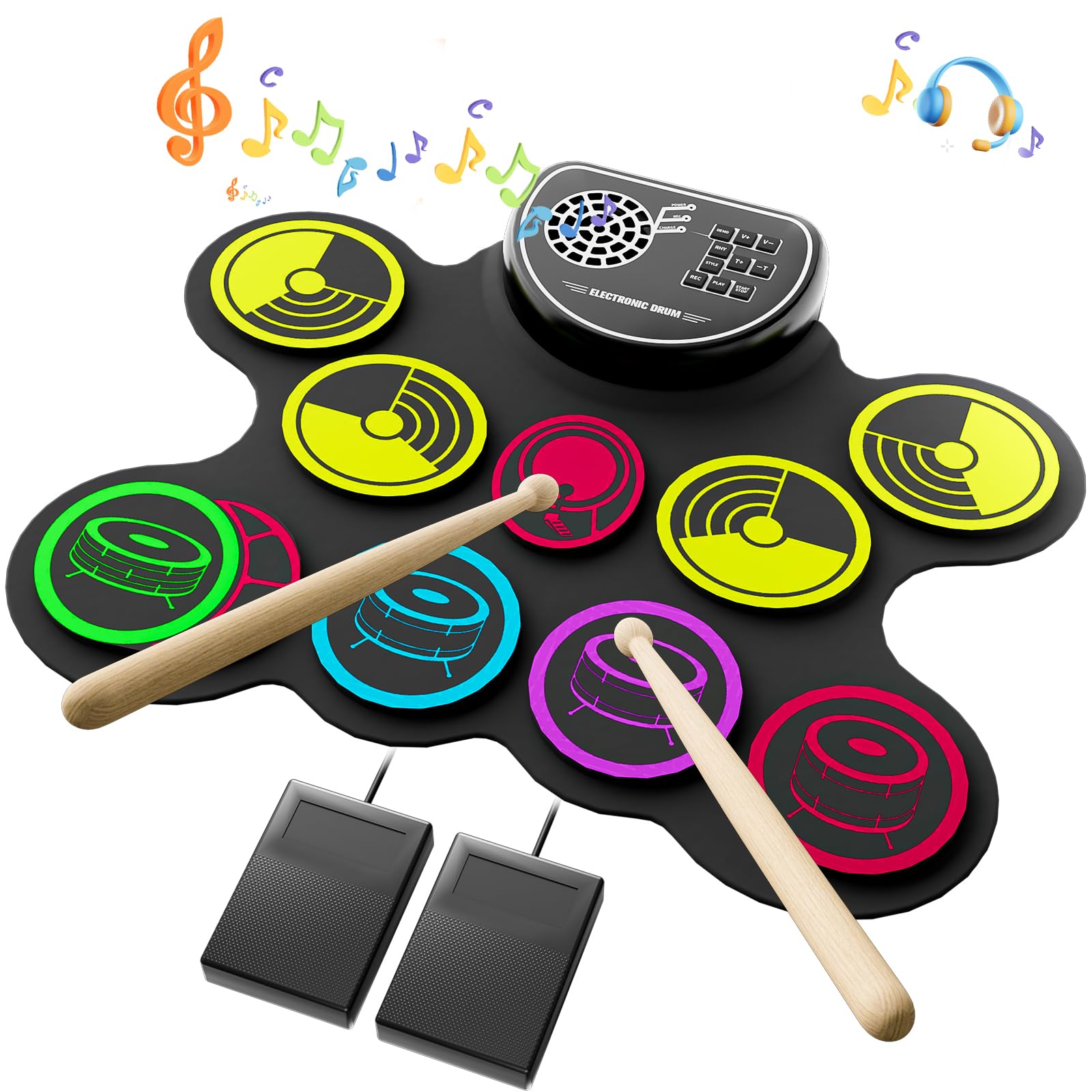 Miortior Electronic Drum Set, 10 Pads Roll Up Drum Practice Pad With Drum Pedals & Drum Sticks, Portable Drum Pad Machine Built 