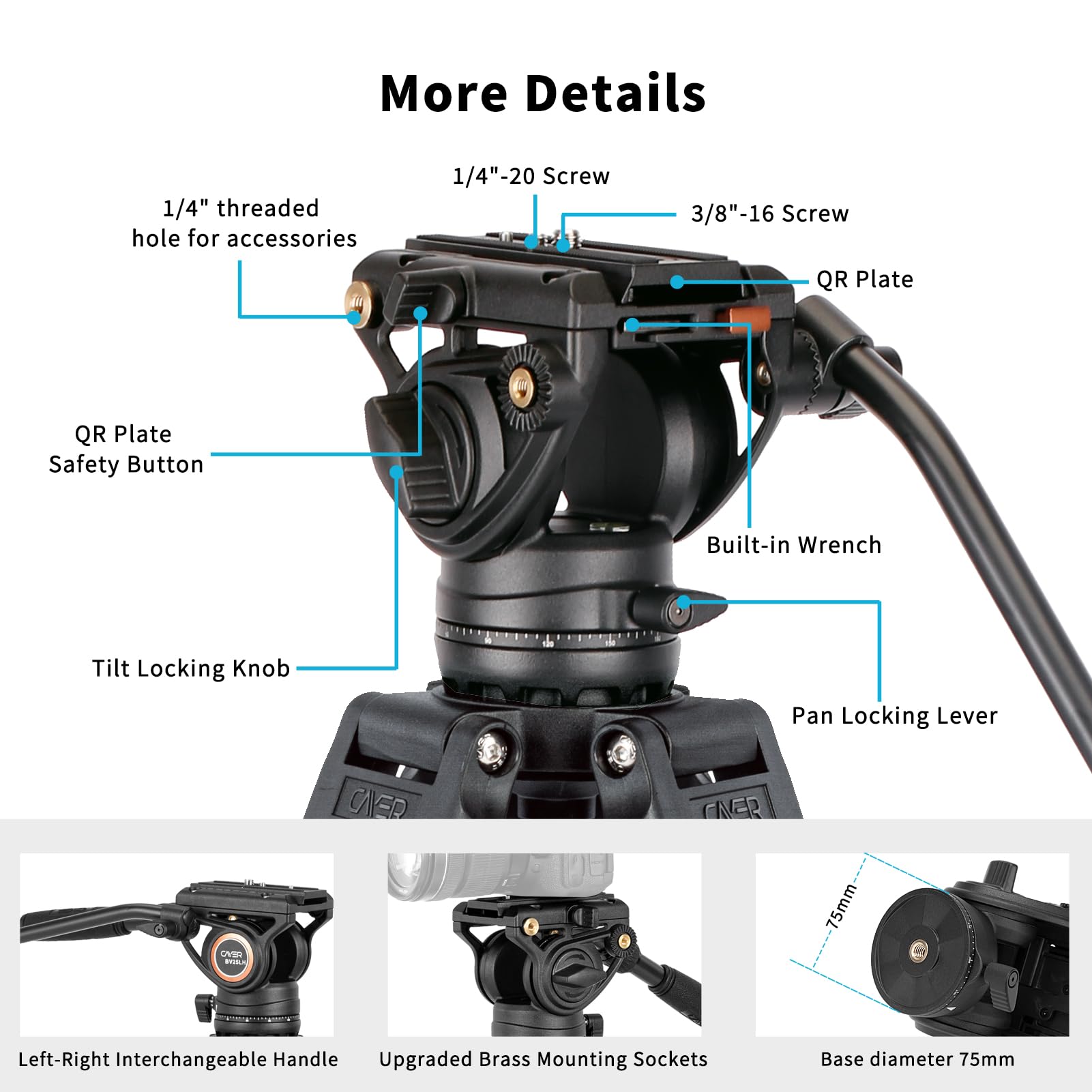 Cayer BV25LH Carbon Fiber Video Tripod System, 74" Heavy Duty Kit with Fluid Head, Twin Tube Legs, Max Load 17.6LB
