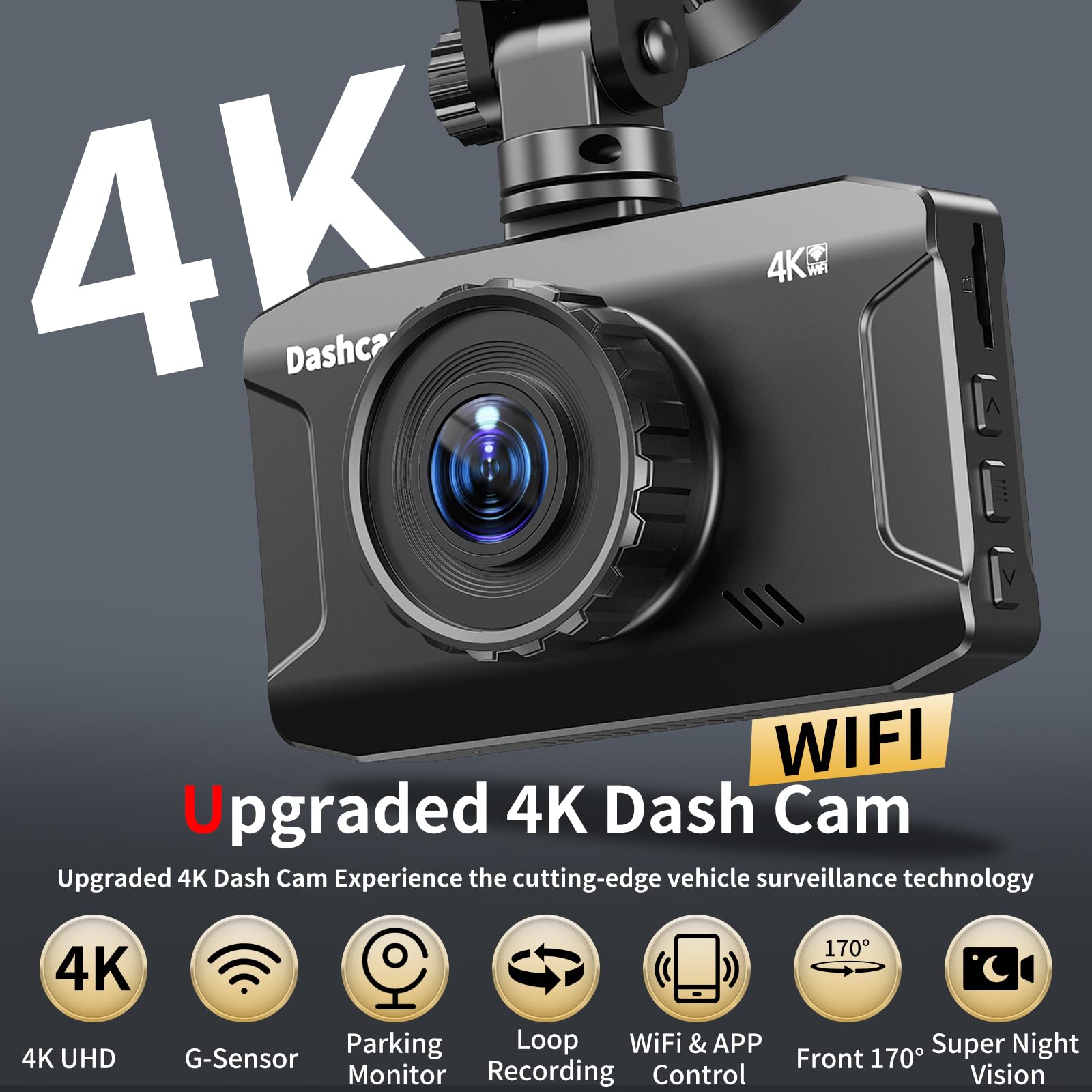 Front Dash Cam 4K, Wifi Dash Camera For Cars With 64Gb Sd Card, Wanlipo Dashcam 170 Wide View, Wireless Car Camera With 3'' Ips