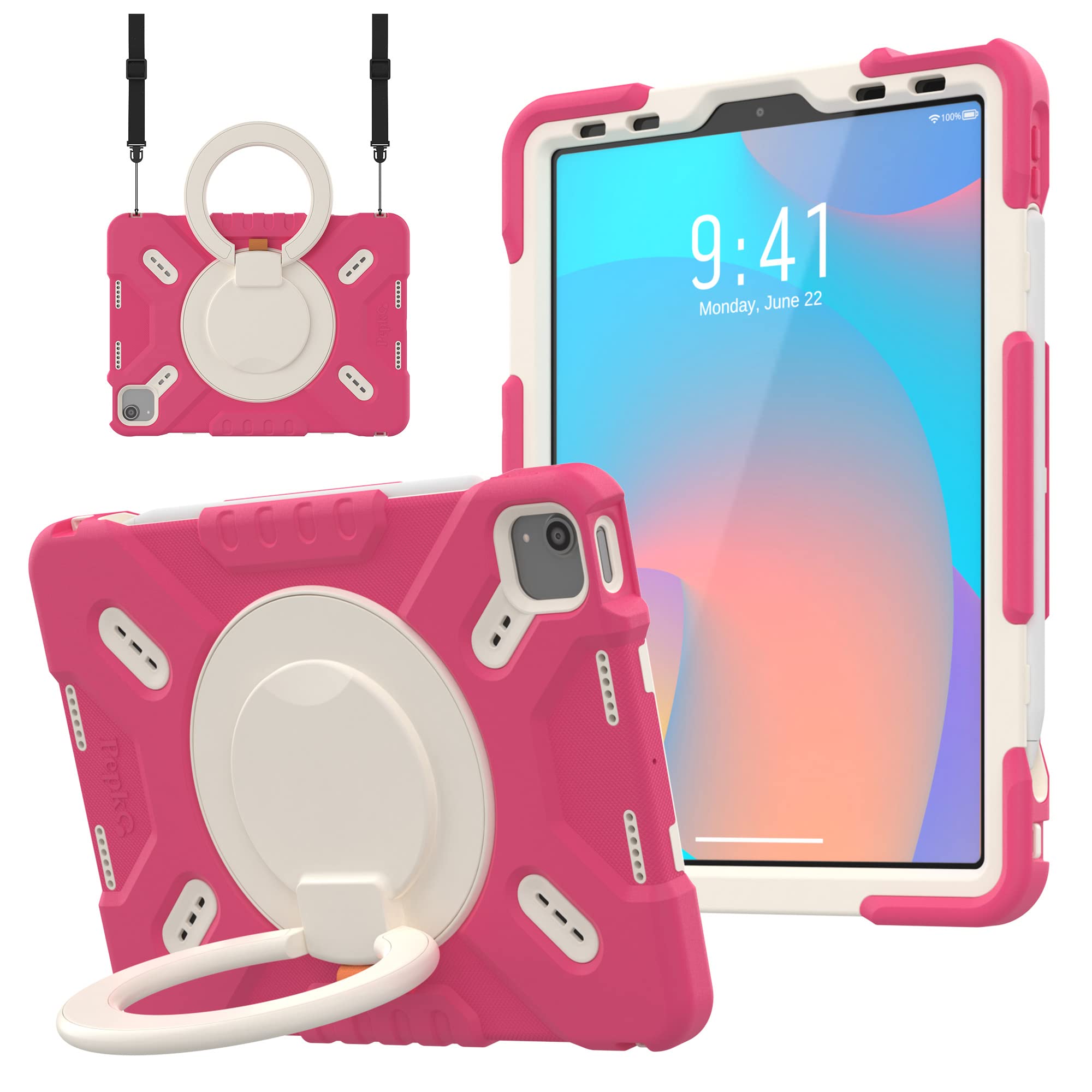 Triple Shockproof Case For Ipad Air 5Th/4Th Generation 10.9 Inch 2022/2020 And Pad Pro 11 Case 2022 2021 2020 2018 Gen, Kids Boy Girl Cover With Kickstand, Shoulder Strap (Pink)