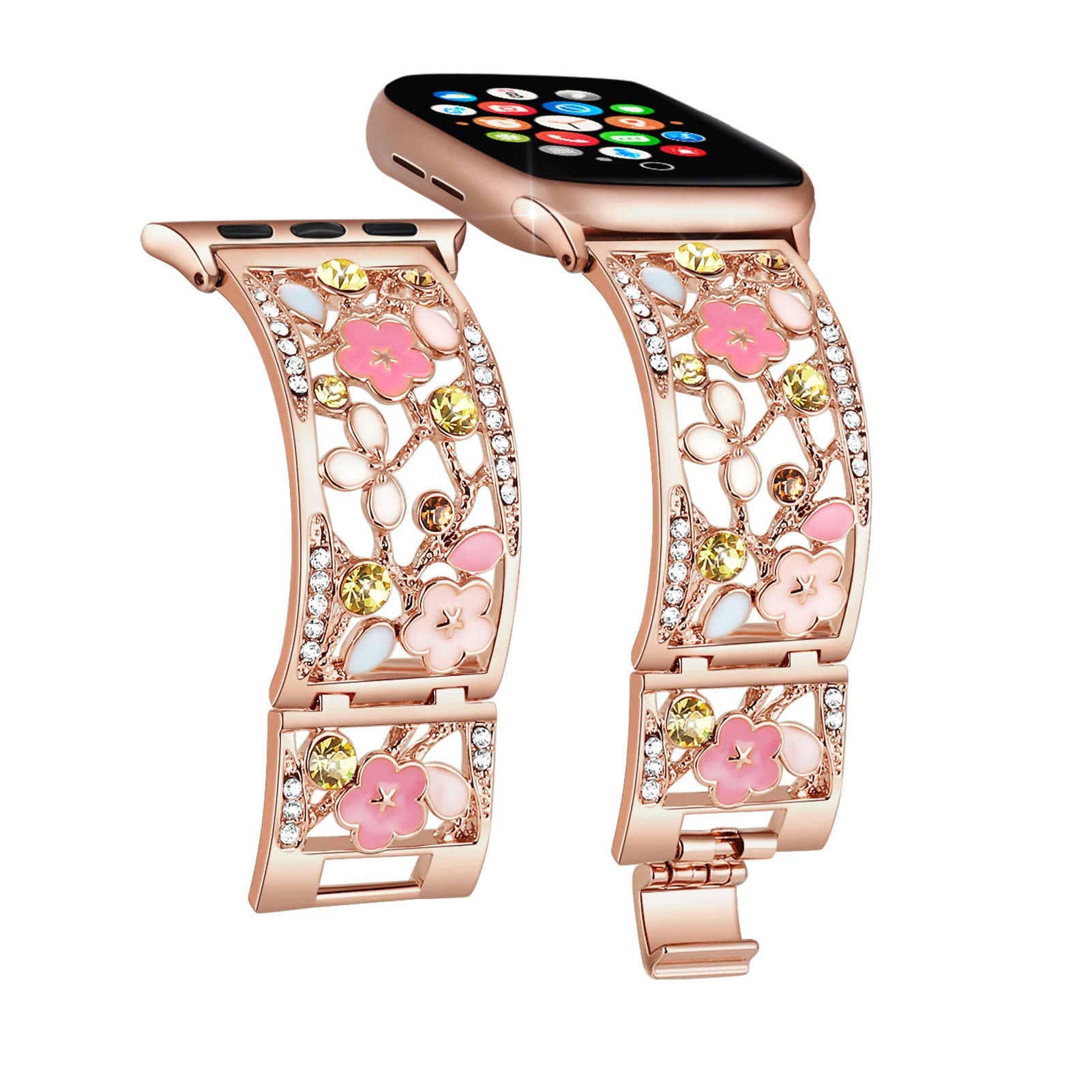 Duoan Floral Bracelet Compatible With Apple Watch Band 38Mm 40Mm 41Mm Iwatch Bands Series 9 8 7 6 5 Se,Bling Crystal Hollow Meta