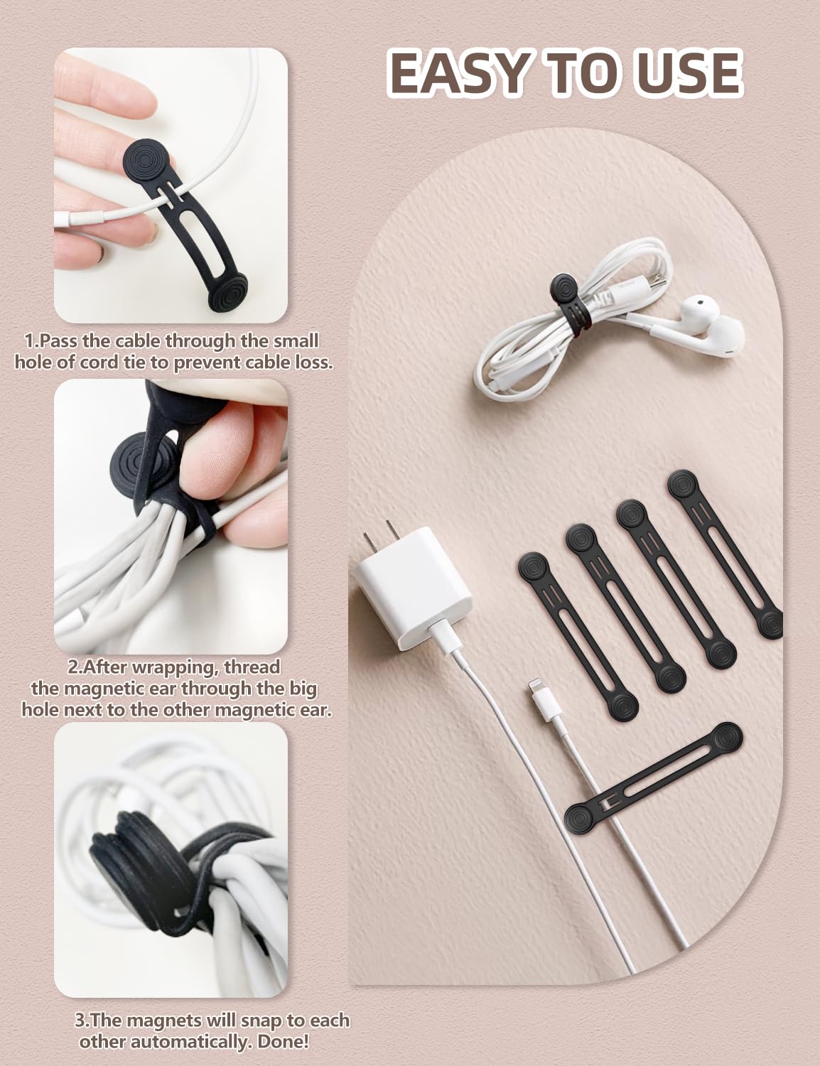 Silicone Magnetic Cable Ties, 4.72 Inch Upgraded Cord Ties With Magnet Cable Strap Cord Wrap For Travel Phone Usb Charging Cable