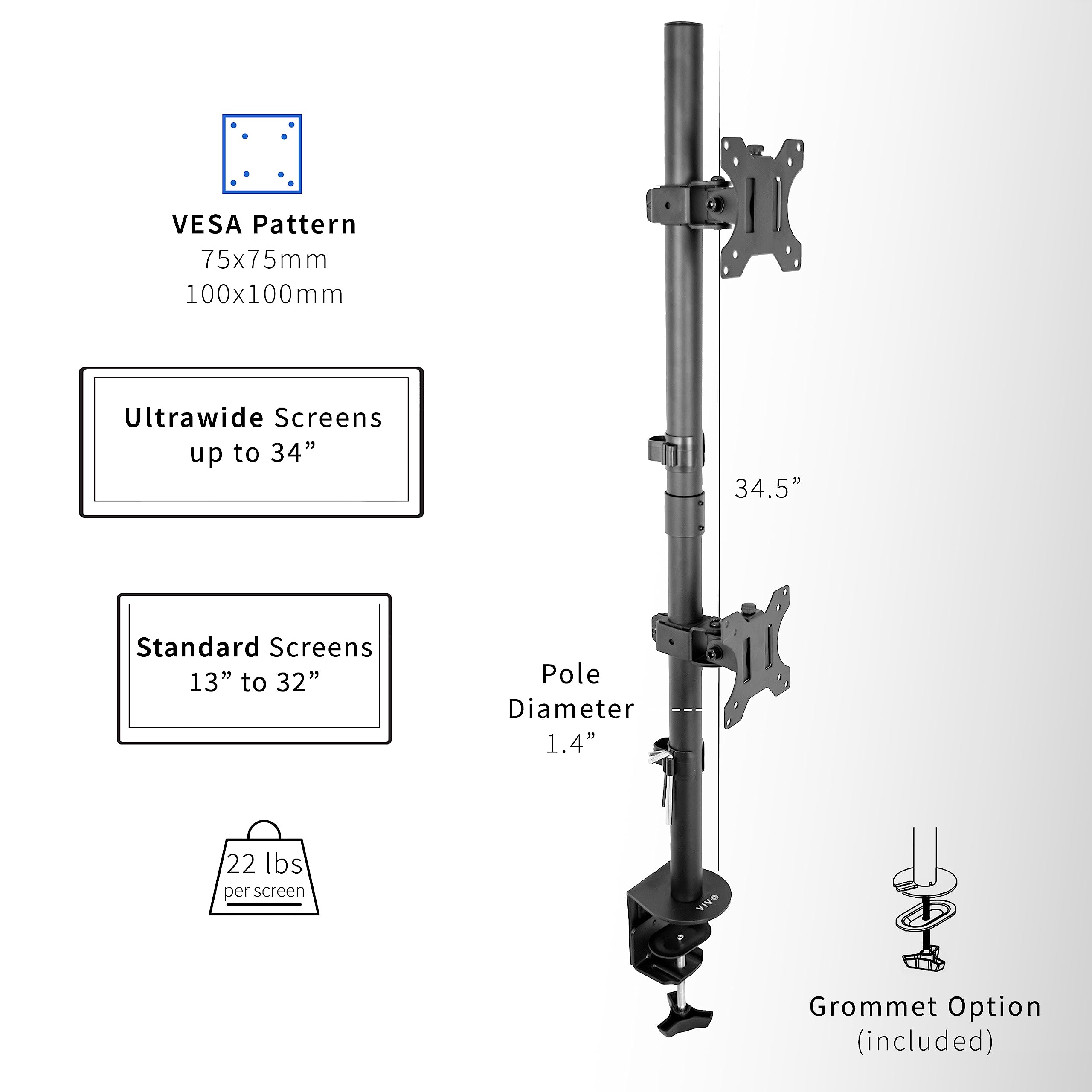 VIVO Dual Vertically Stacked Monitor Desk Mount, Extra Tall Adjustable Stand for 2 Ultrawides up to 34 inches, 22 lbs Capacity, Black, STAND V002T