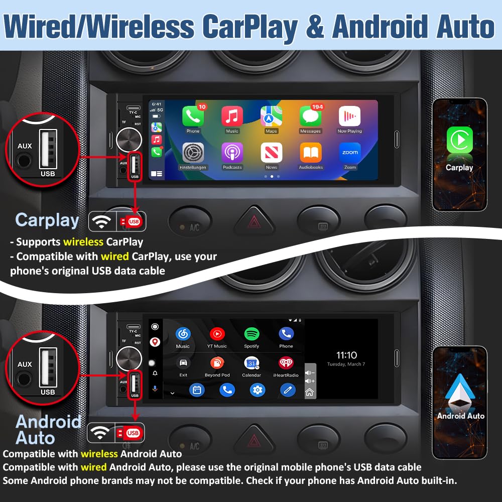 Pyniro Universal Single Din Car Stereo With Wireless Carplay & Android Auto, 6.36 Inch Ips Touch Screen Head Unit With Backup Ca
