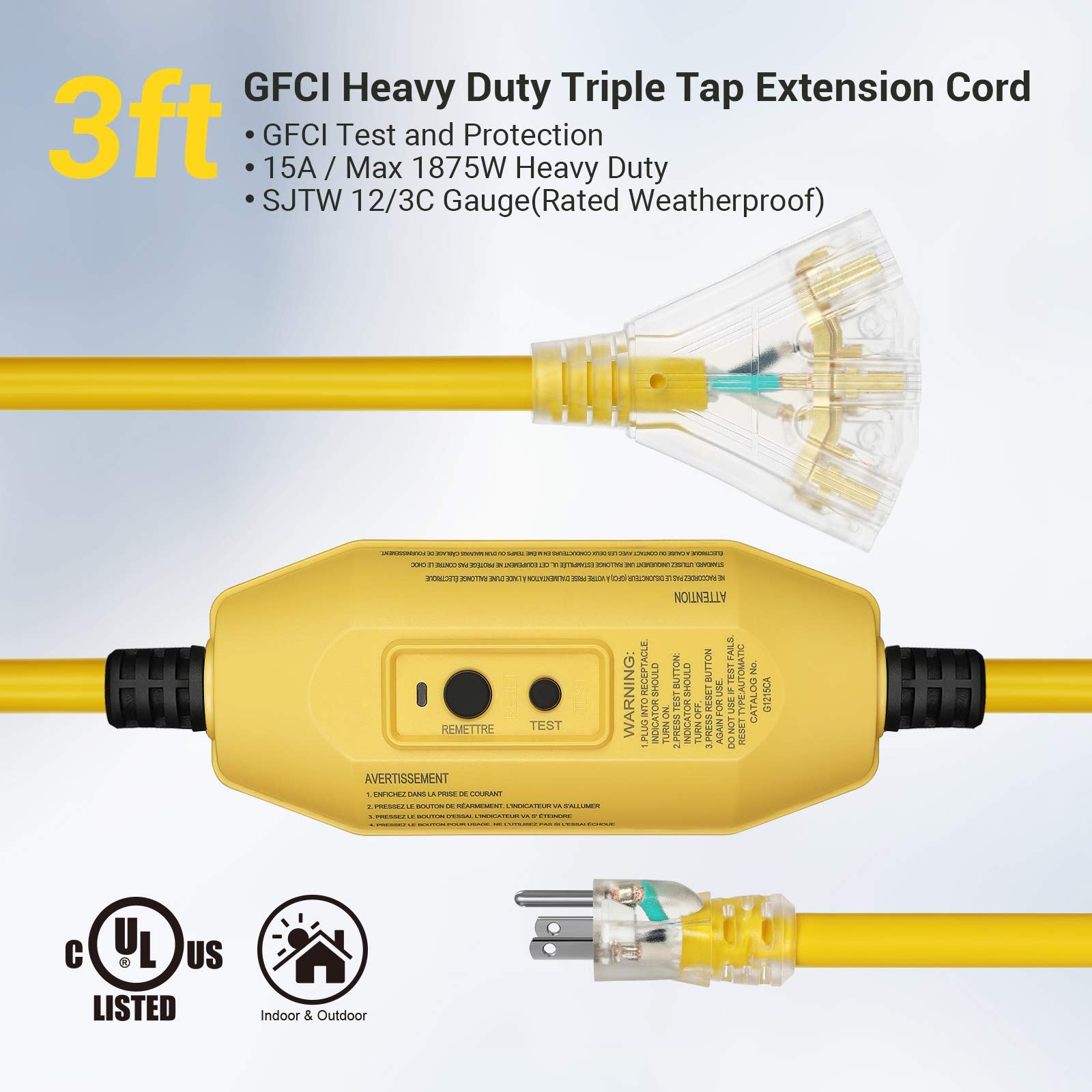 Dewenwils 3 Ft Automatic Gfci Extension Cord Outdoor, 12/3 Gauge Extension Cord For Multiple Appliances, Heavy Duty Power Cable
