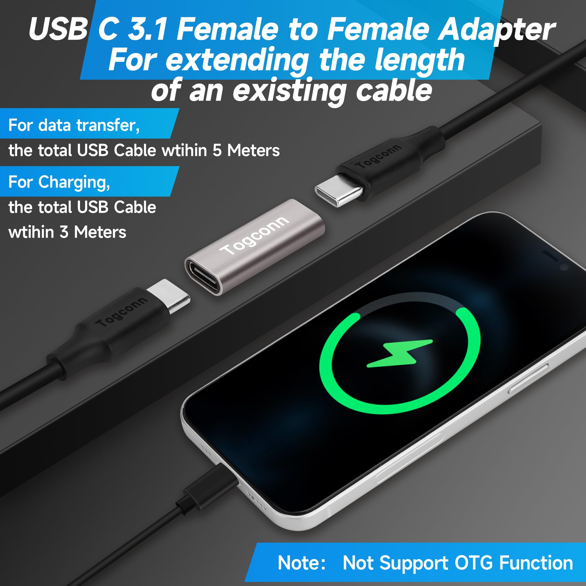 Togconn Usb C Coupler 4 Pack, Usb C Female To Female Connector, Usb Type C Female To Female Extension Adapter Supports Fast Char
