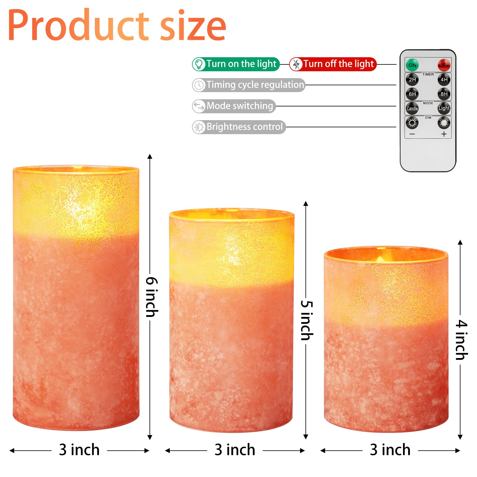 Hjandhj Orange Flameless Candles, Sandblast Glass Battery Operated Candles With 10-Key Remote And Timer,Set Of 3 Realistic Wax C