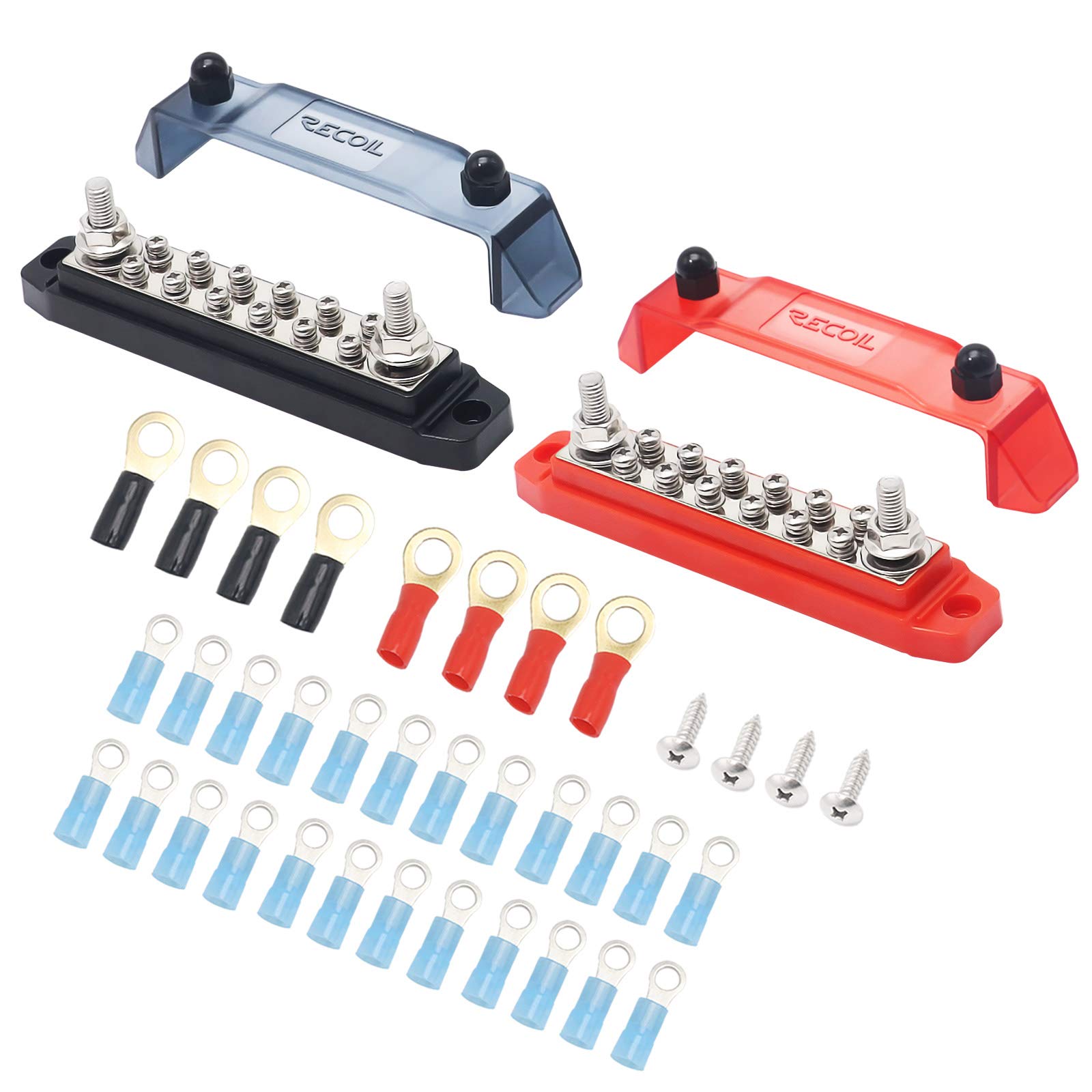 Recoil Bb212P Bus Bar 2 X 5/16    Studs And 12 X #8 Screw Terminals Power Distribution Block Busbar With Ring Terminals Pair Red