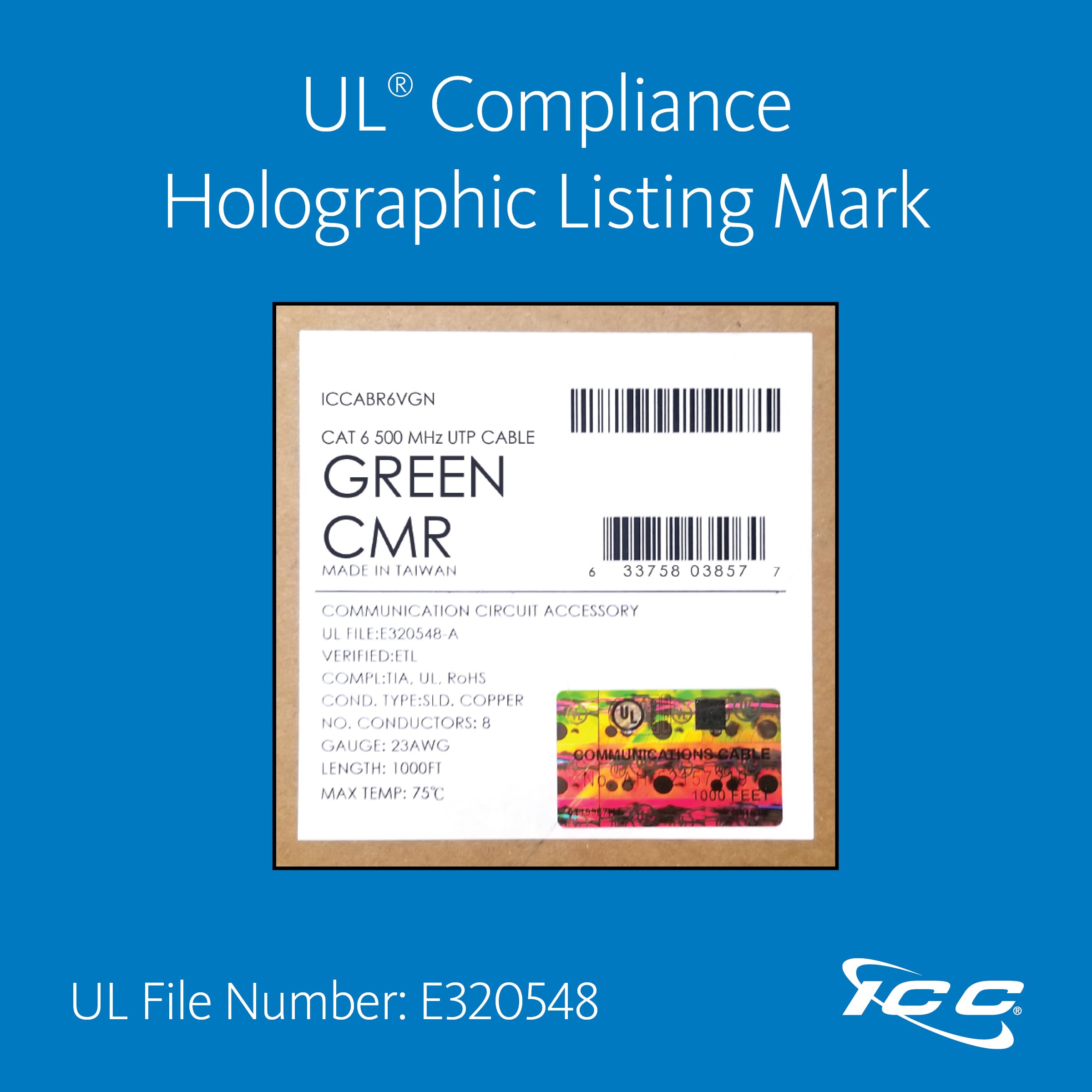 Icc Cat6 Cmr Riser 1000Ft - Utp 23Awg, 100% Solid Pure Copper, Unshielded, Bulk Ethernet Cable, Poe++, 500Mhz, Reelex Pull Box,