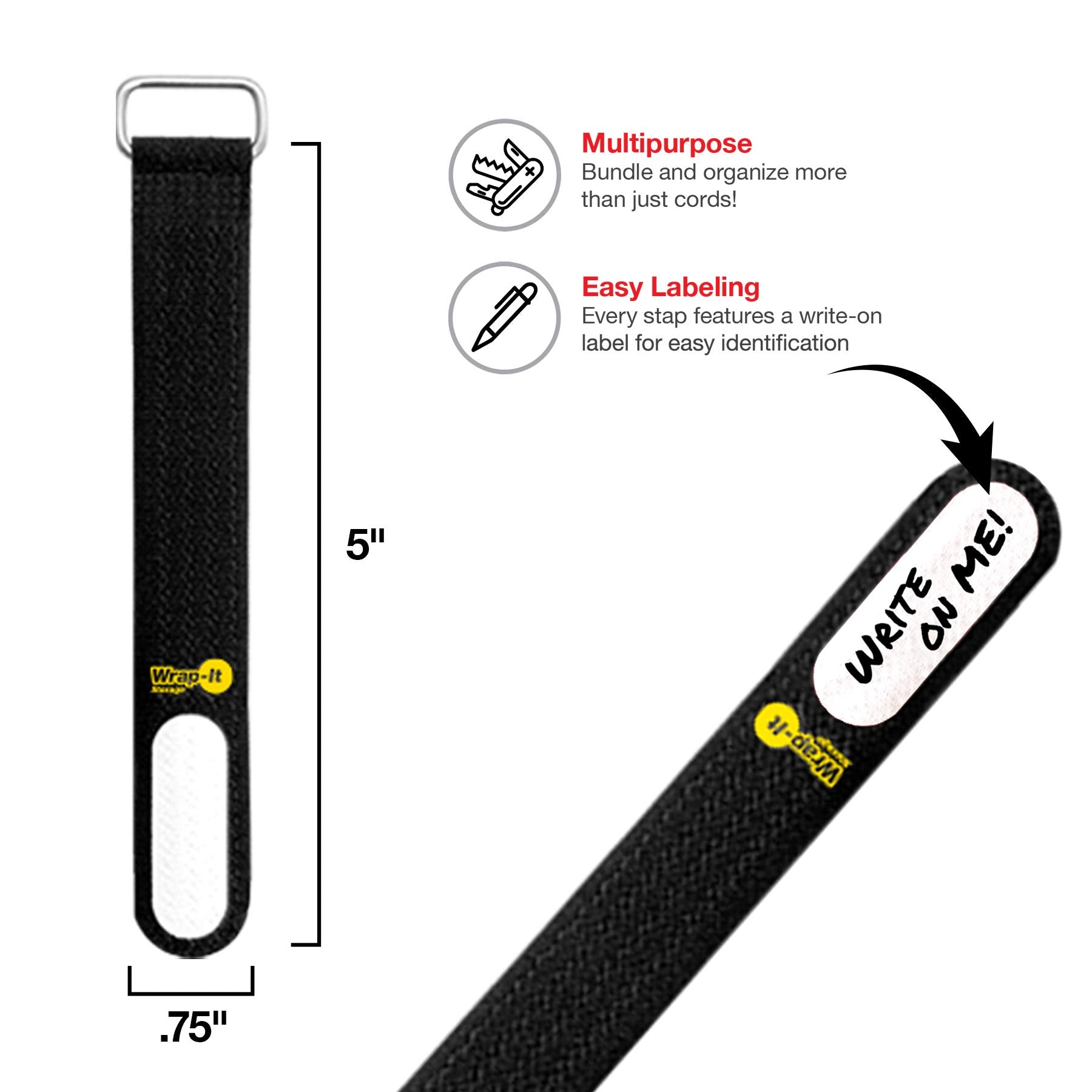 Wrap It Storage Cinch Straps, 5 In (20 Pack) Black   Hook And Loop Strap With Write On Label For Easy Cord Identification And Ca