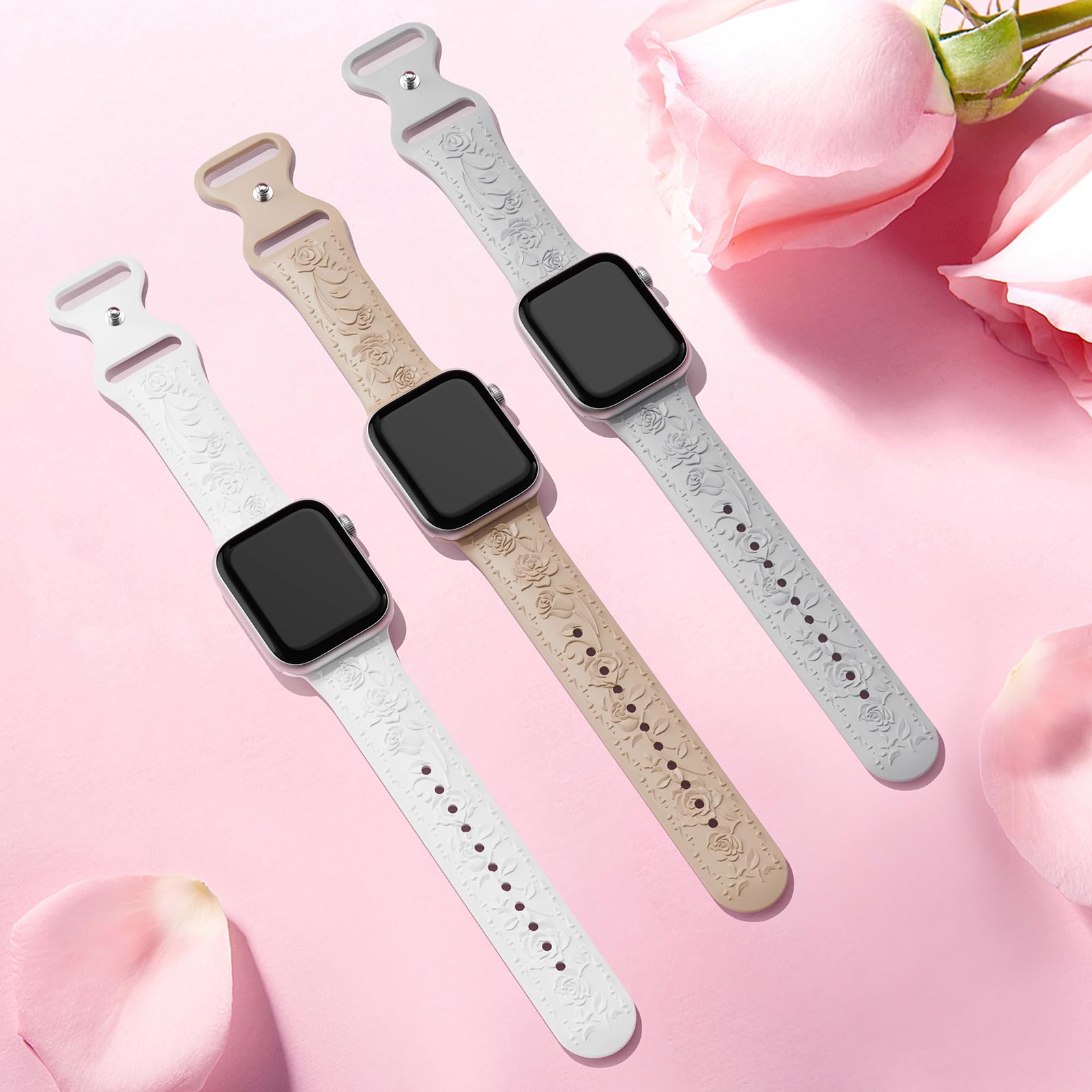 Floral Engraved Band Compatible With Apple Watch Band 40Mm 41Mm 38Mm 42Mm 44Mm 45Mm 46Mm 49Mm Women, Soft Silicone Embossed Flow