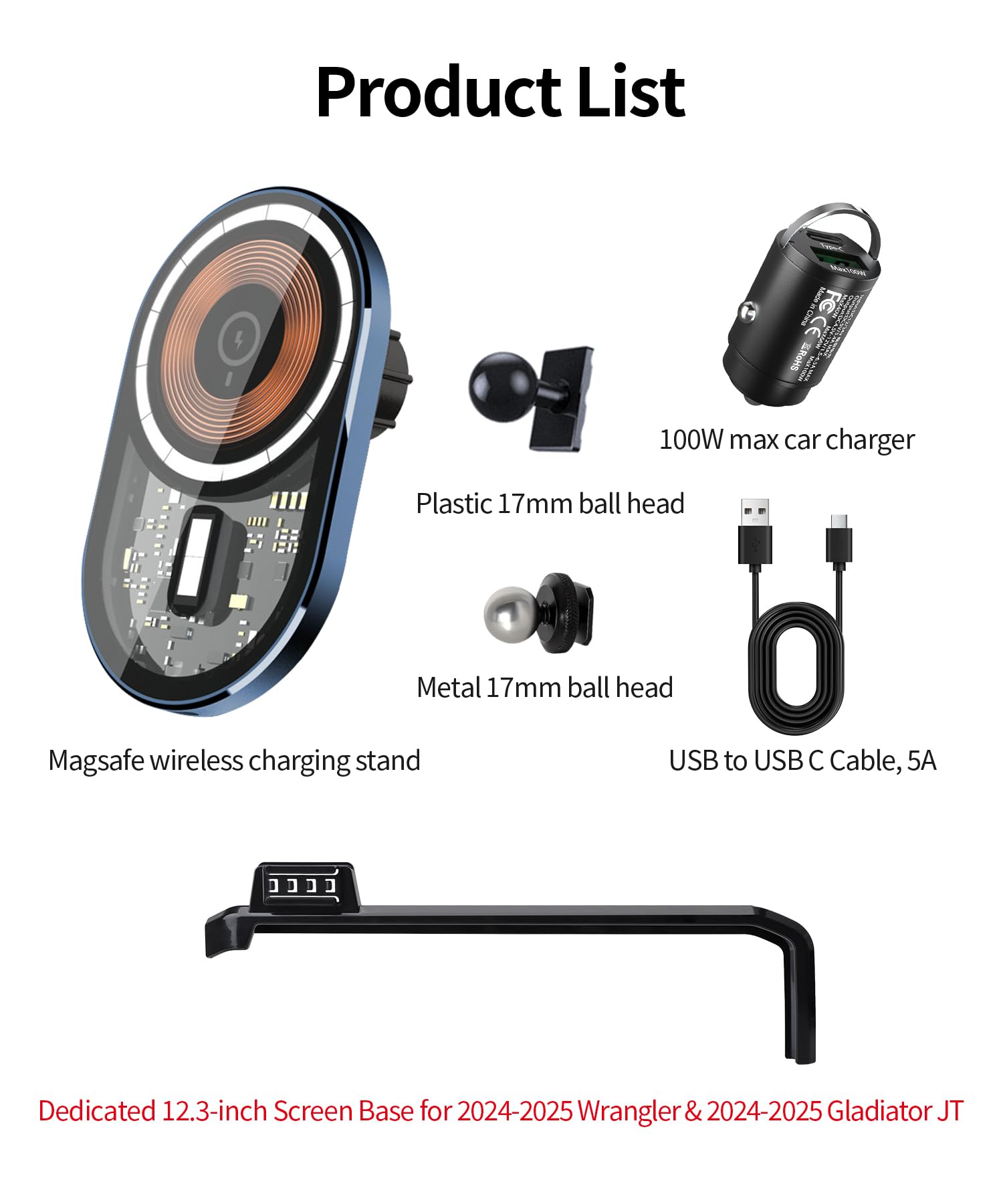 Masergogo Wireless Charging Car Phone Holder For Jeep Wrangler/Wrangler 4Xe / Gladiator 2024 2025 Accessories 12.3 Inch Screen F