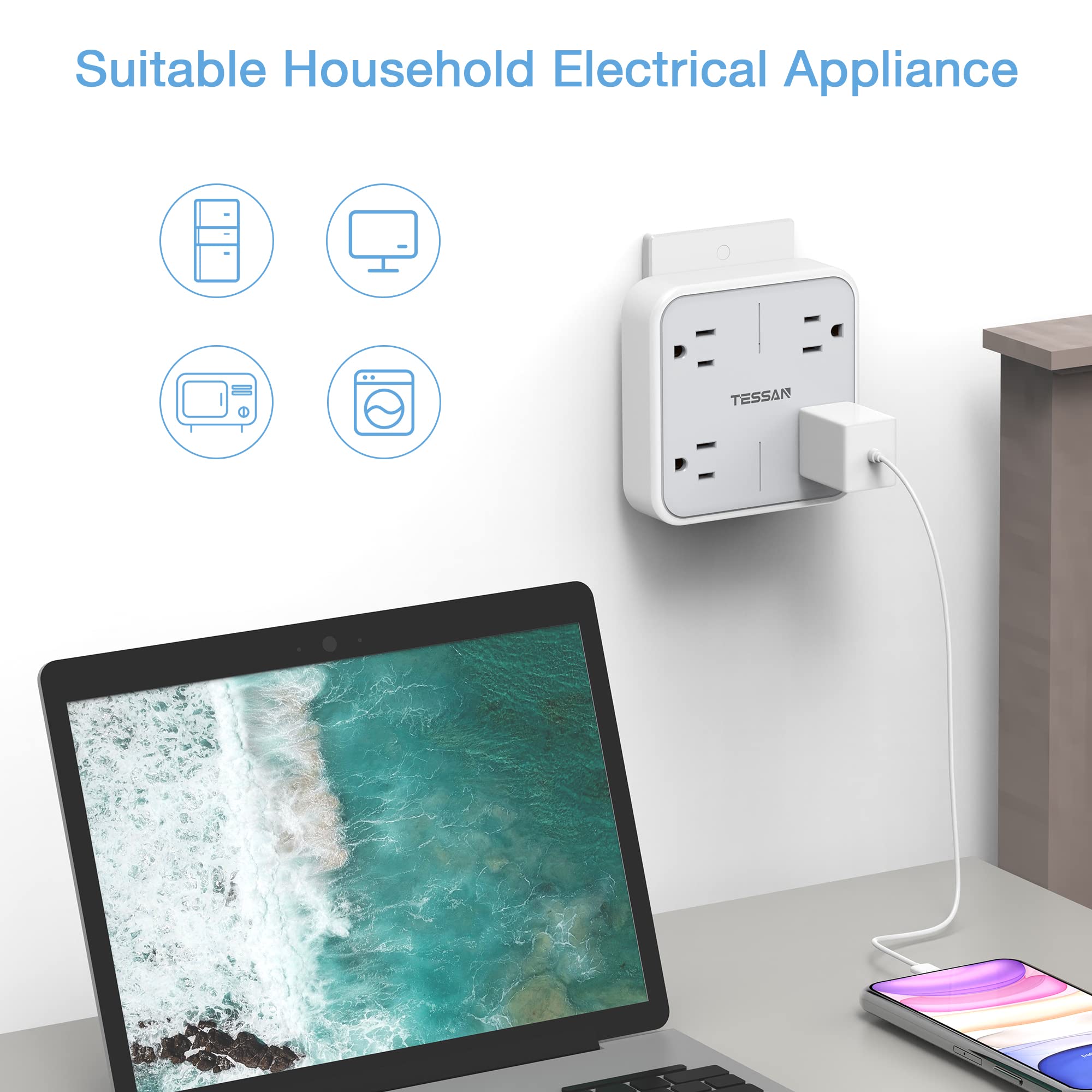 Multi Plug Outlet Splitter, Tessan Widely Spaced Outlet Extender With 4 Electrical Outlets, Multiple Outlet Wall Plug Expander S