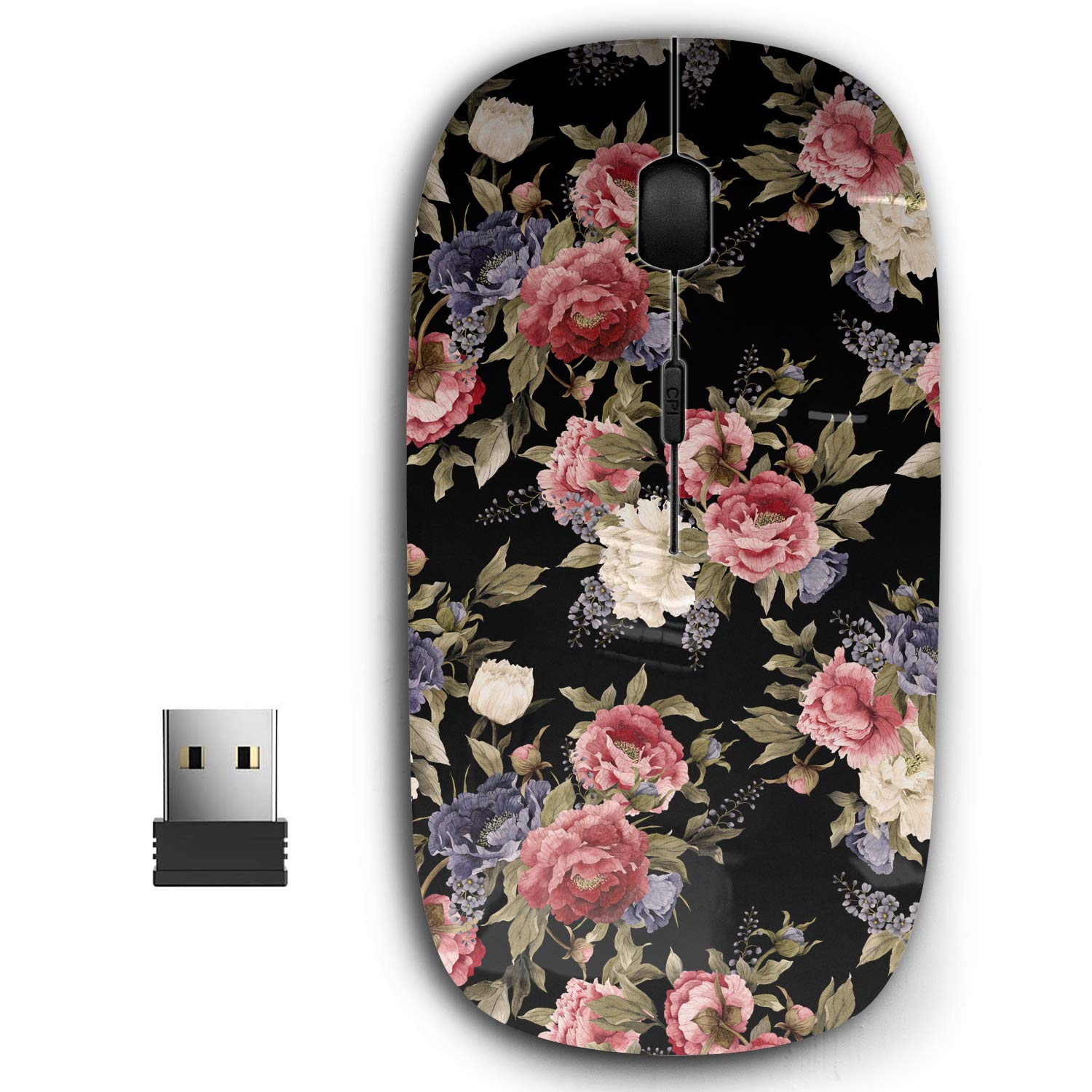 Kawamouse 2.4G Ergonomic Portable Usb Wireless Mouse For Pc, Laptop, Computer, Notebook With Nano Receiver (Floral Peonies Delph
