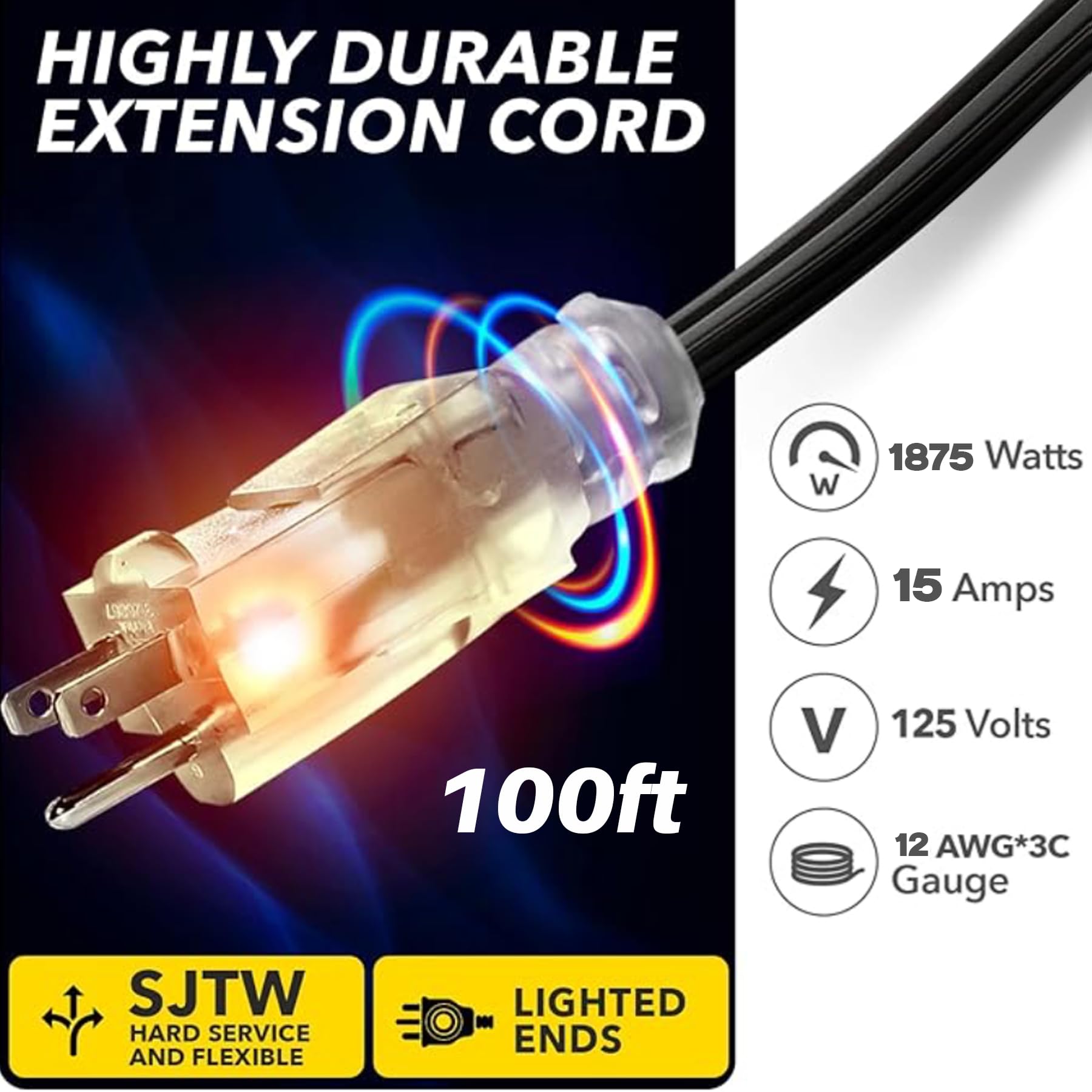 100 Ft Power Extension Cord, Indoor Outdoor, Heavy Duty, 3 Prong Sjtw, 12 Gauge, Lighted End, Extra Durability, 15 Amp 125 Volts