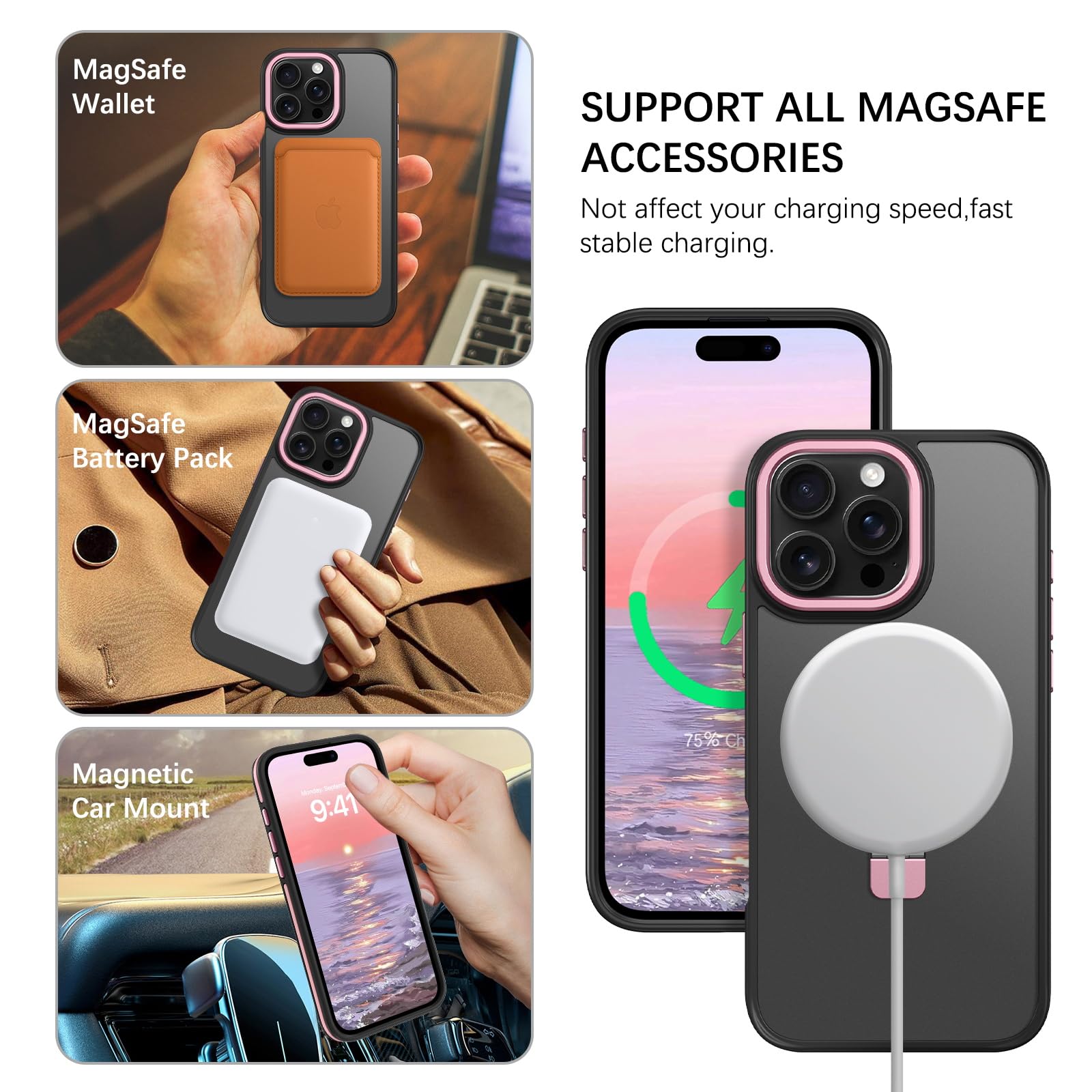 Veningo Iphone 16 Pro Max Case, Magnetic Slim Fit Magsafe Translucent Matte Car Mount Supported Foldable Ring Holder Kickstand S