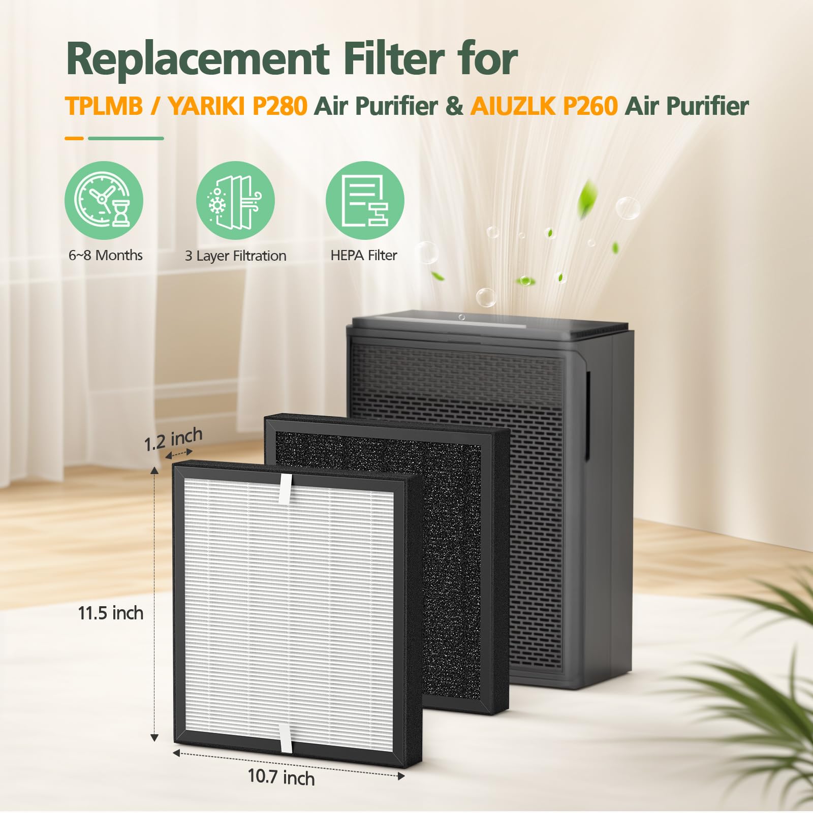P280 P260 Filter Replacement, For Tplmb/Yariki P280 Air Purifier, For Aiuzlk P260 Air Purifier, 3-Stage Filtration (4 Pack)