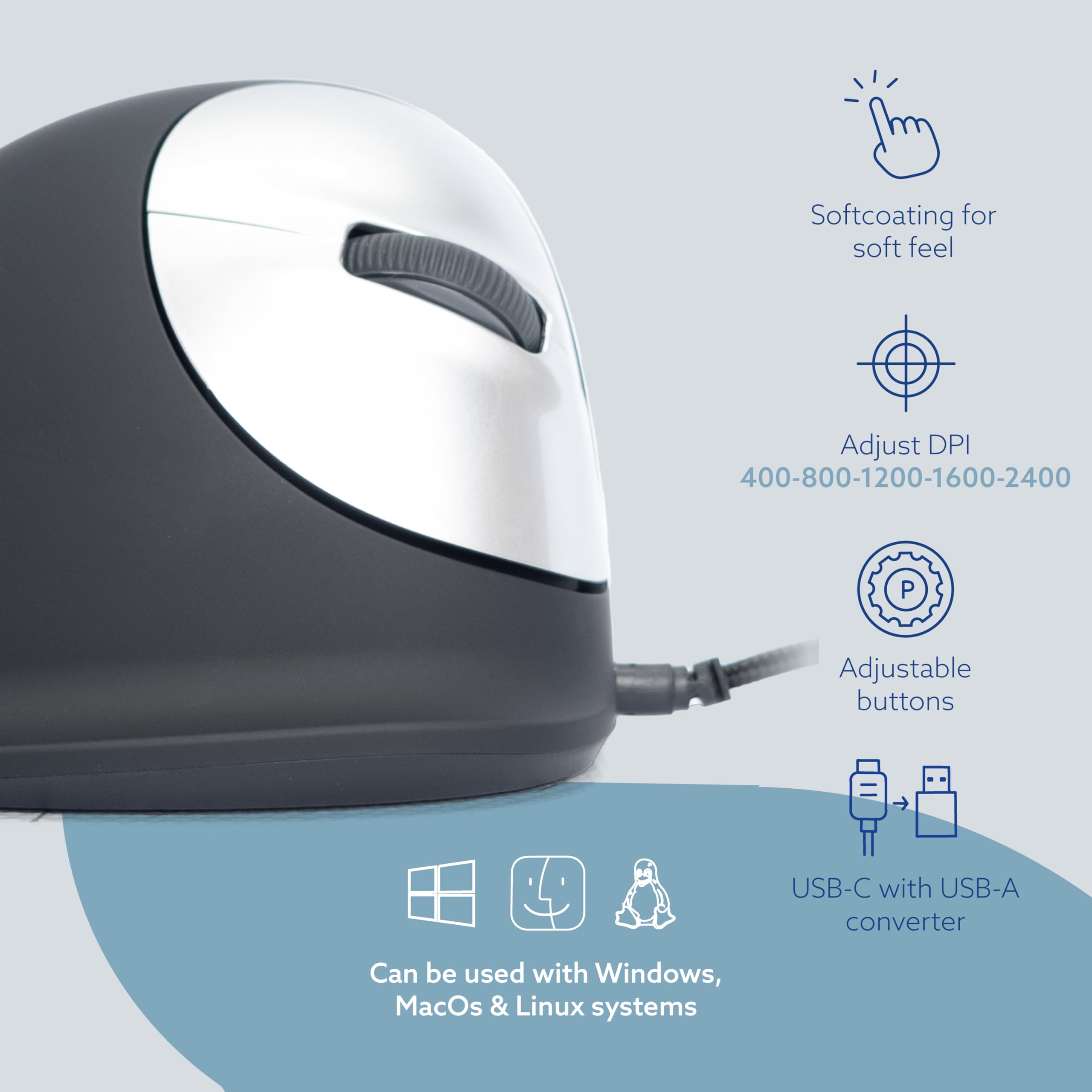 R Go He Ergonomic Mouse, For Large Hand, Vertical Ergo Mouse, Wired With Usb Cable, 500 3500 Dpi, 5 Buttons, Prevention Tennis E