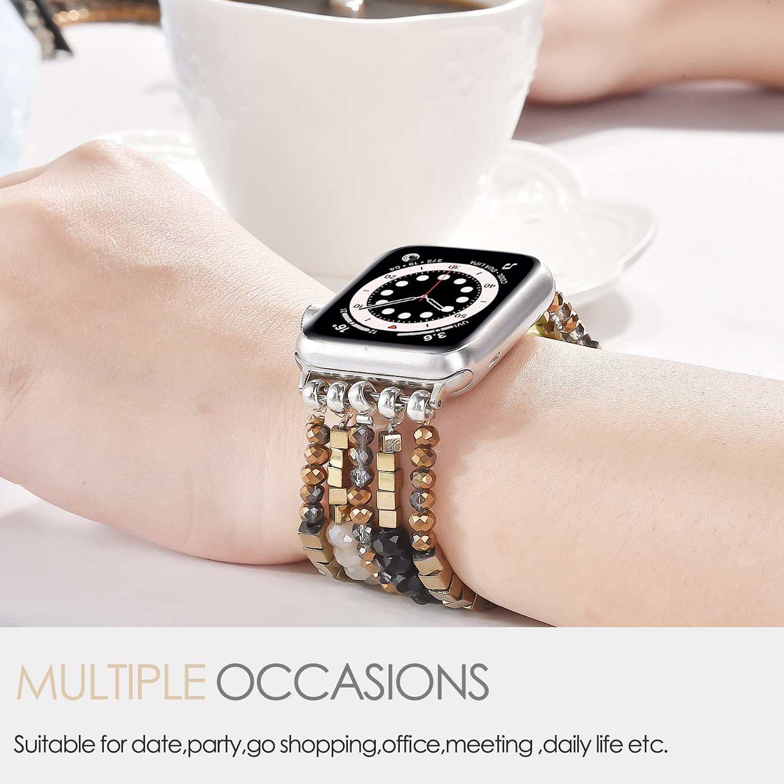 Mofree Beaded Bracelet Compatible For Apple Watch Band 38Mm/40Mm/41Mm Women, Fashion Handmade Pearl Beads Elastic Stretch Strap