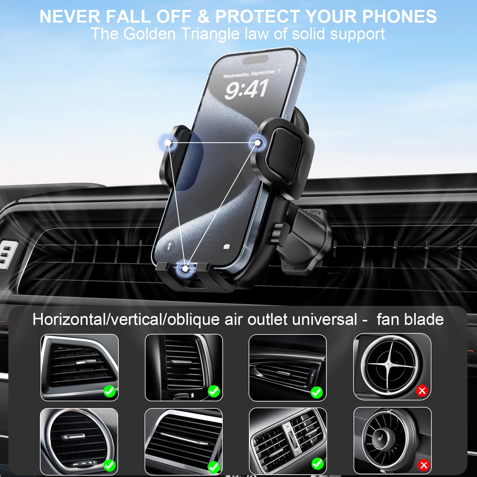 Phone Holders For Your Car With Newest Metal Hook Clip, Air Vent Cell Phone Car Mount 360 Rotation Car Phone Holder Universal Au