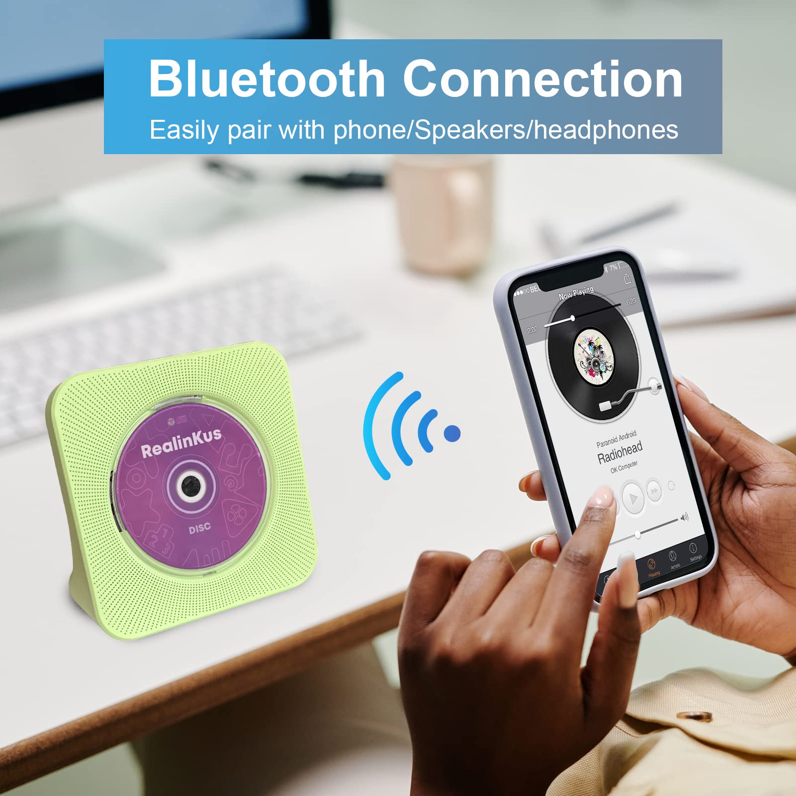 Green Boombox Cd Player For Home, Desktop Cd Player With Speakers, Fm Radio, Remote Control, Bluetooth, Usb And Aux Port, Vertic