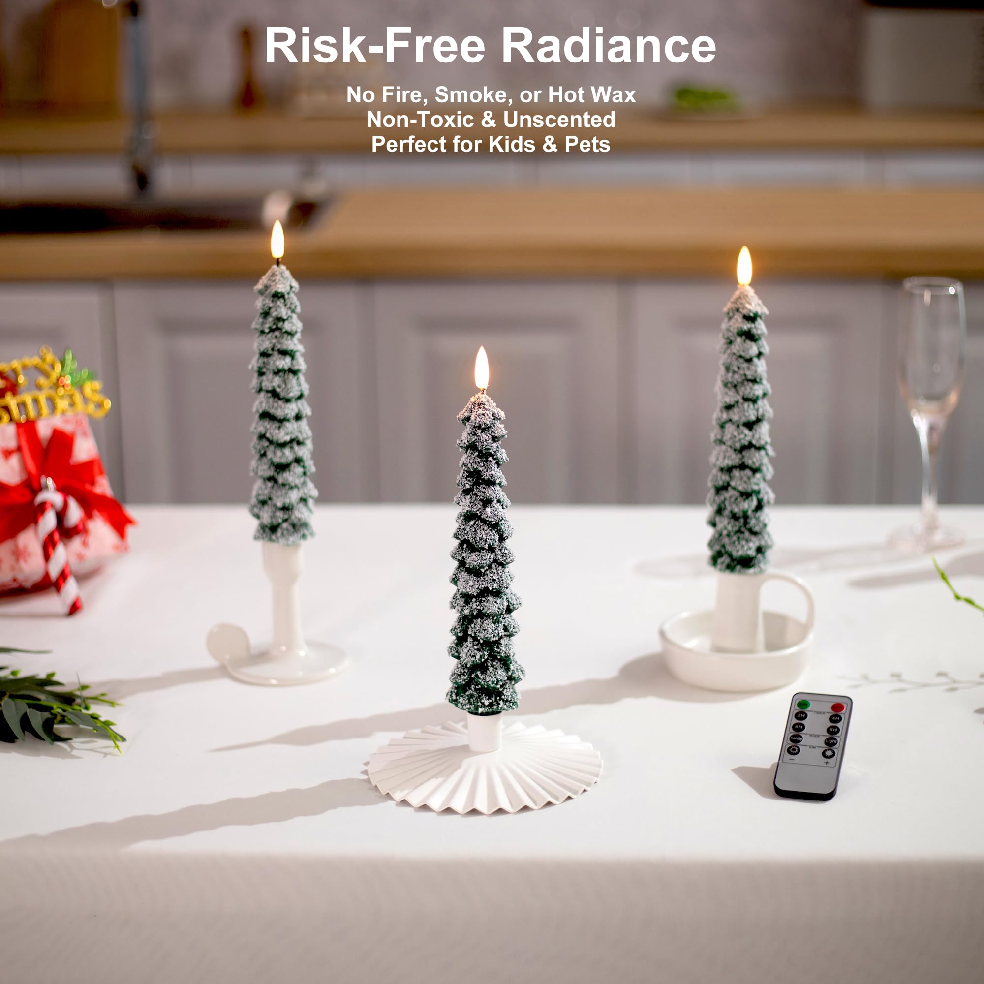 Stmarry 4 Pack Christmas Tree Candles Covered In Snow With Remote, 9.65 Inch Real Wax Flameless Taper Candles, Led Candles Batte