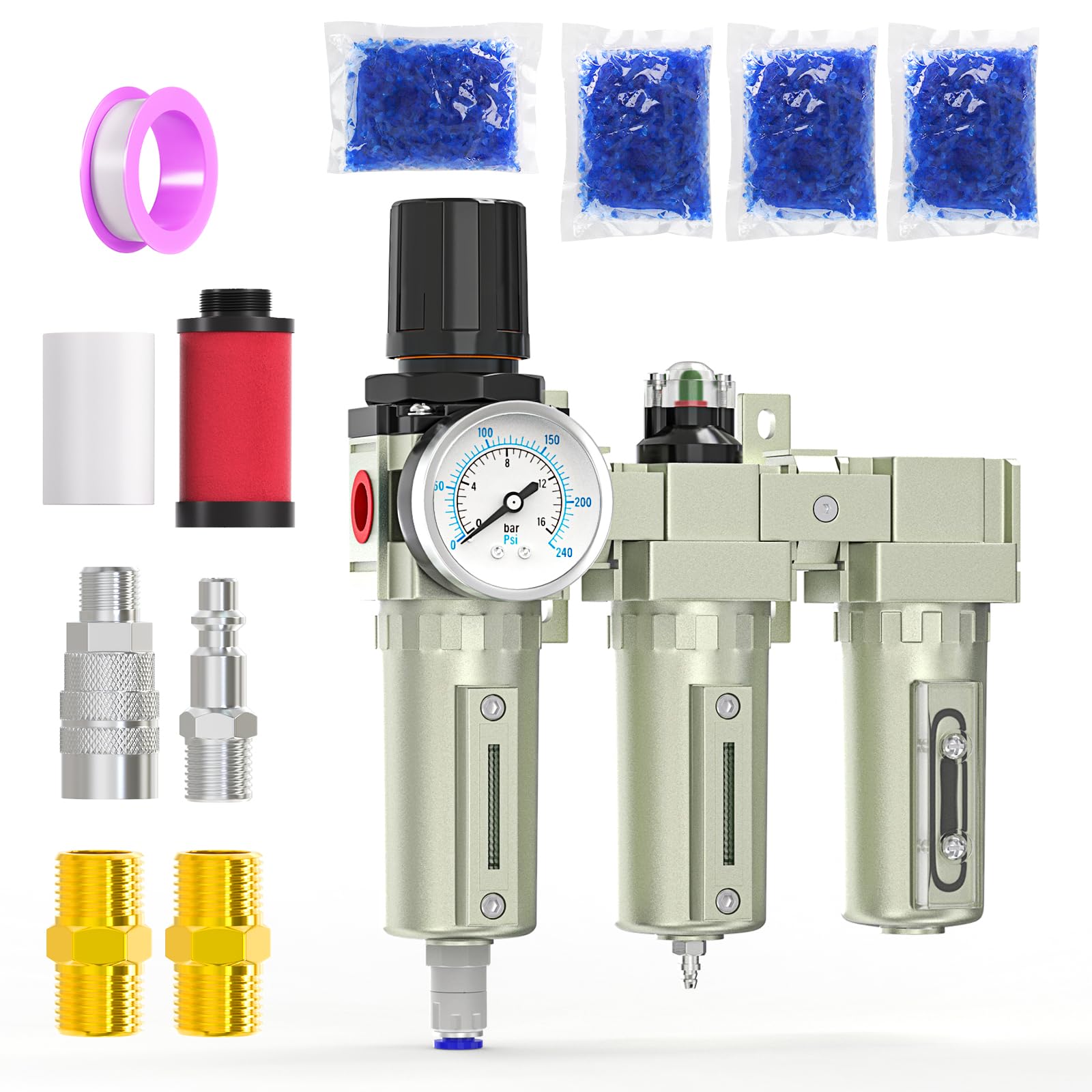 Meanlin 1/2'' Npt Heavy Duty Industrial Grade 3 Stage Air Drying System, Auto Drain, Coalescing Filter, Particulate Filter, Desi