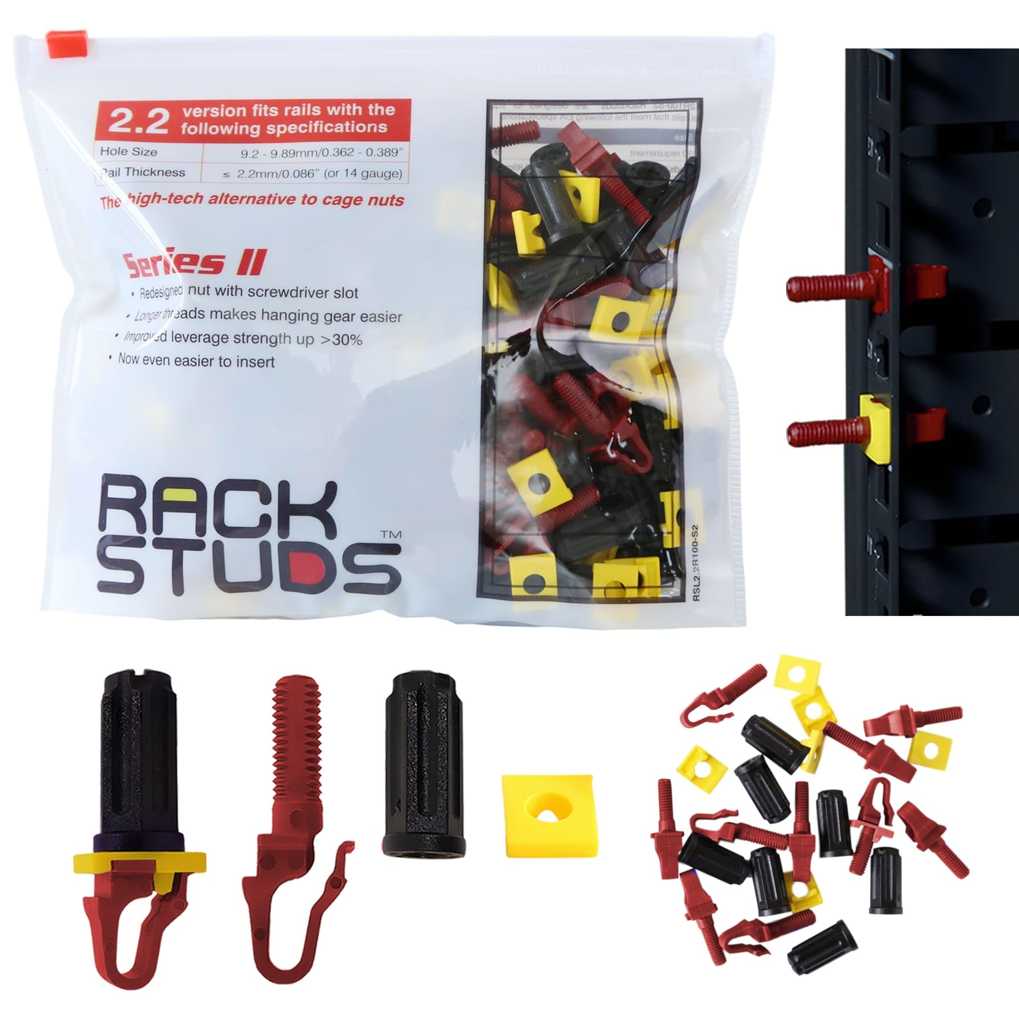 Rackstuds R100 Series II - Server Rack Screws 100 Pack | Cage Nut Replacement | Red 2.22mm/0.086 | A Faster, Easier Solution for